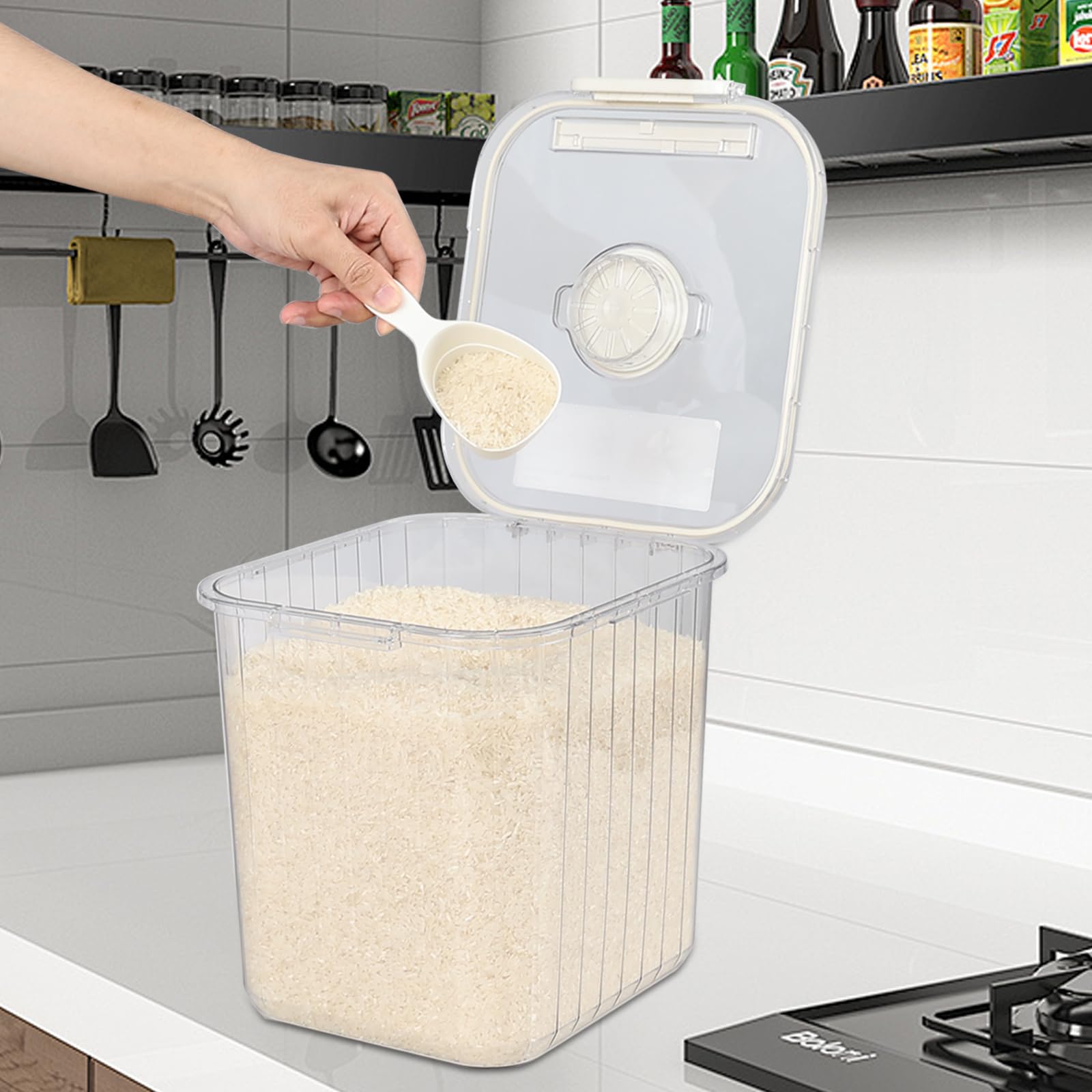 22 Lbs Airtight Rice Storage Container with Measuring Cup - Clear Plastic Food Storage Bin for Dry Goods (1 Pack) - Perfect for Kitchen Pantry, Bulk Rice, Flour, Sugar & Cereal Organization