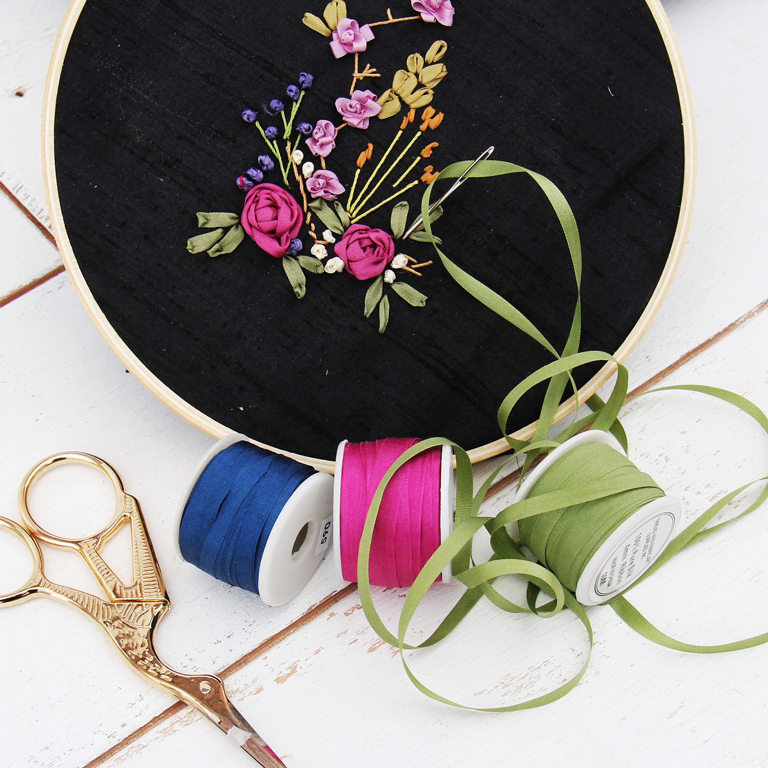 Threadart 2mm Silk Ribbon Set - 4 Spools (Red & Pink Shades) - 100% Pure Silk Ribbon - 10m (11yd) per Spool - Total 44 Yards - Perfect for Gift Wrapping, Scrapbooking & DIY Crafts
