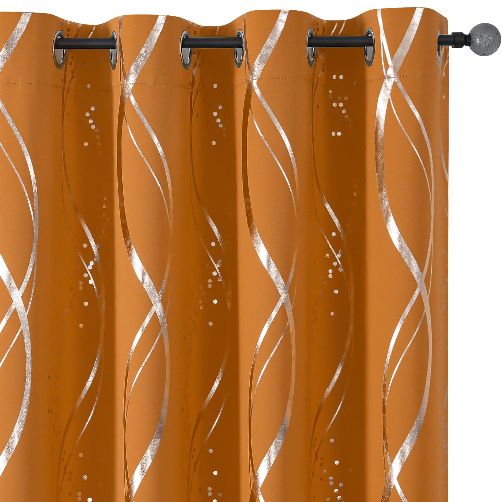 BUHUA Blackout Curtains 63 Inch Length 2 Panels Set - Thermal Insulated Noise Reducing Room Darkening Curtains for Bedroom Living Room with Wave Striped Foil Print (52 x 63 Inches, Orange) - Perfect for Home Theater, Nursery & Light Sleepers