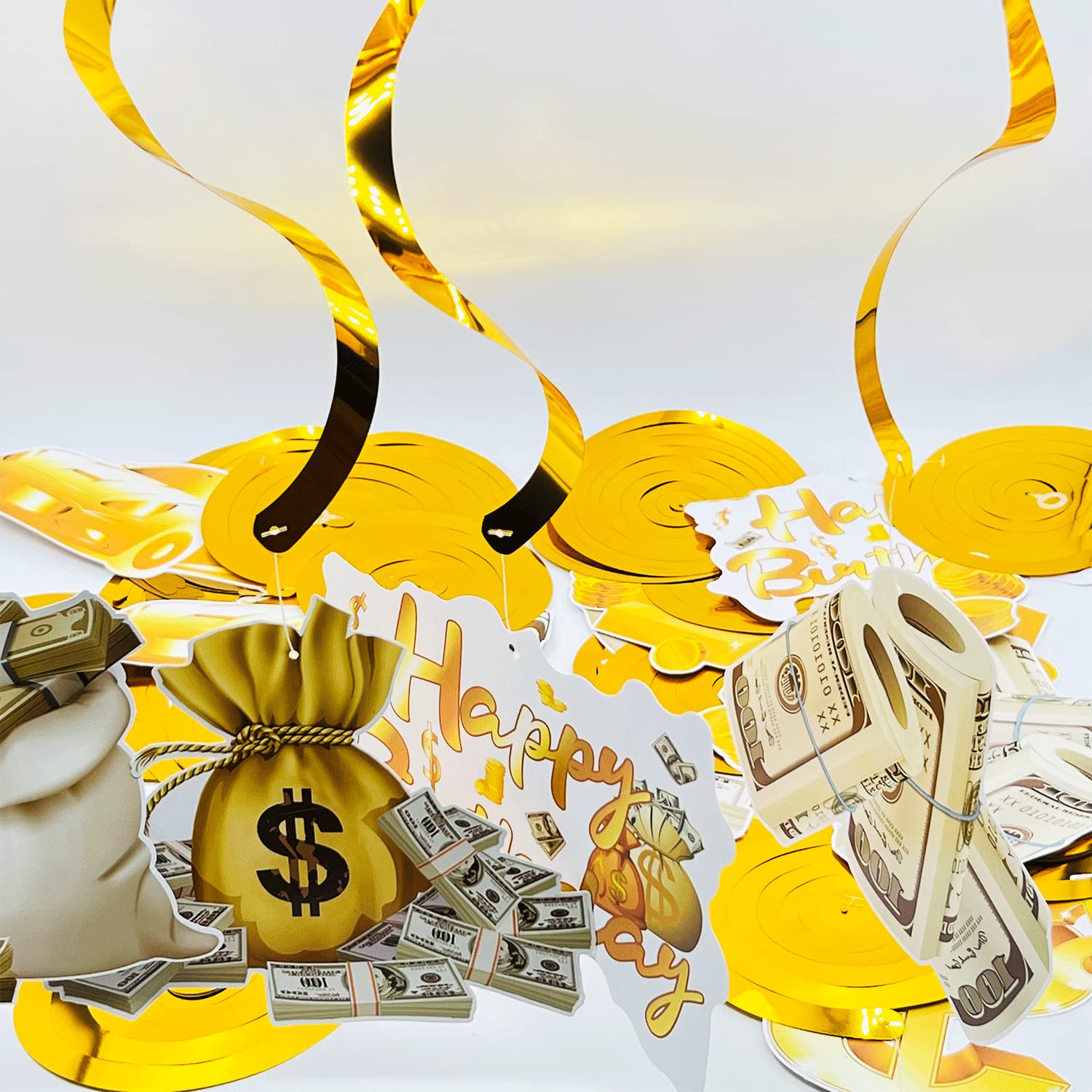 30Pcs Fully-Assembled Money Birthday Party Decorations - Gold Dollar Bill Ceiling Swirls for Casino Theme, Adult Birthday & Special Events - Perfect for Casino Nights, Dollar Themed Parties & Festive Celebrations
