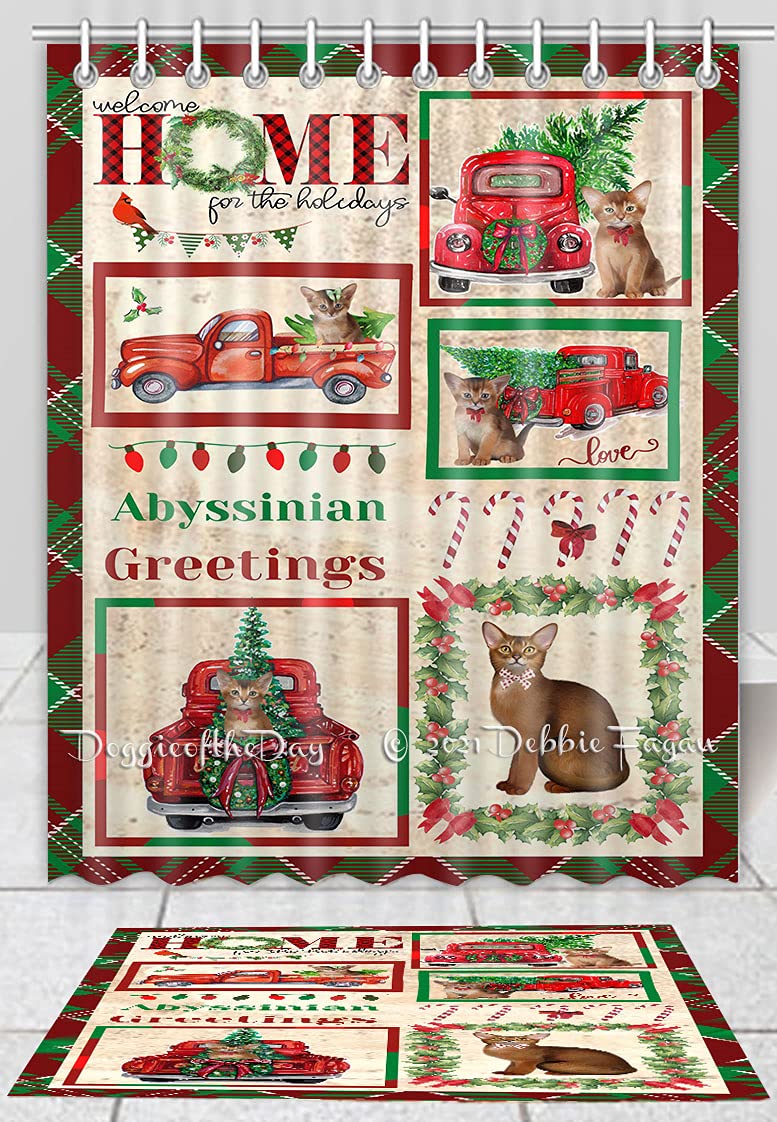 Christmas Cat Shower Curtain & Bath Mat Set - Anti-Slip Holiday Bathroom Decor with Hooks, Plush Rug & Polyester Curtain (Mat 16''x28'', Curtain 69