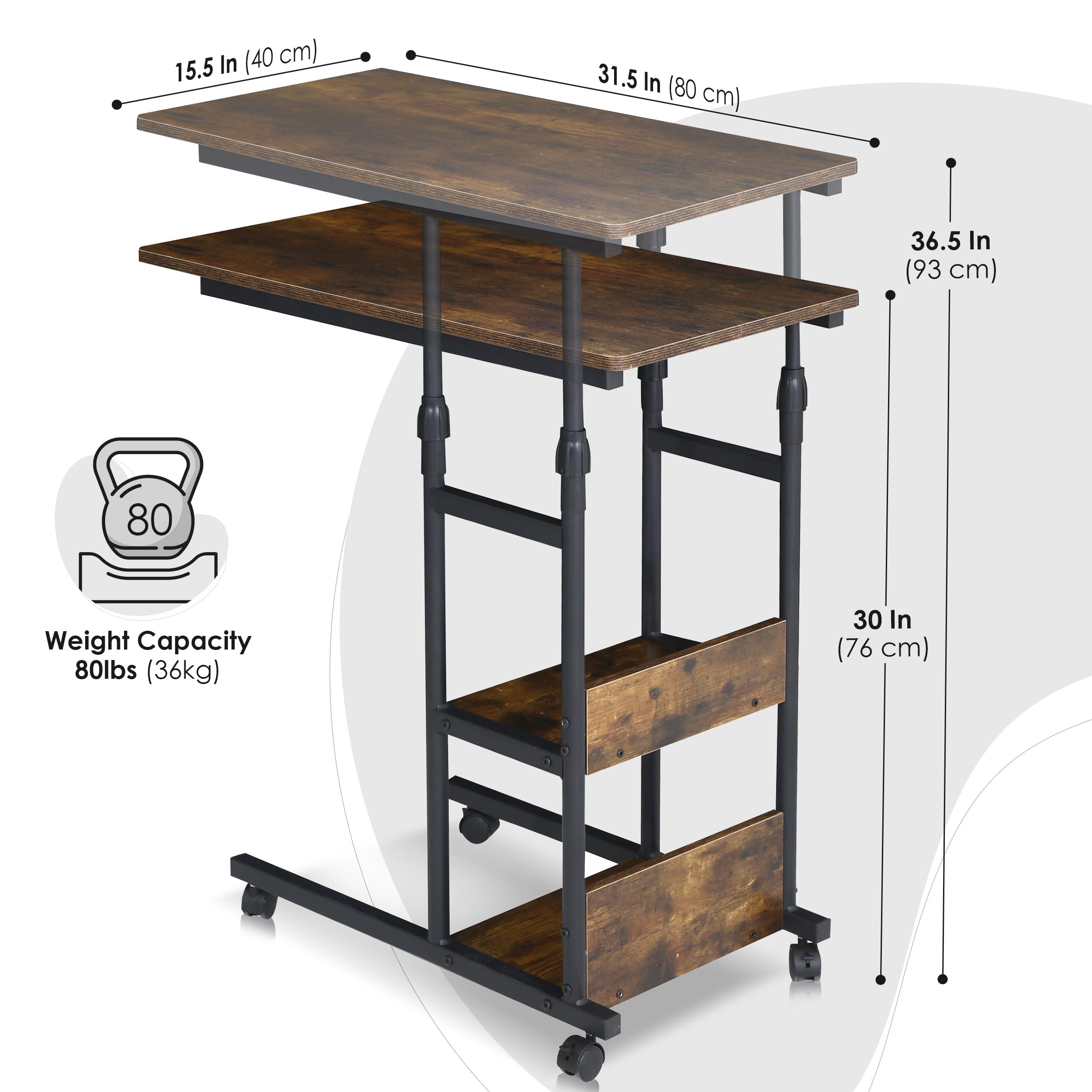 Adjustable Height Rolling Bedside Table with Wheels - Mobile C Desk for Over Bed, Under Couch - Perfect for Laptop, Dinner & Snacks - 37 x 32 x 16 Inch - Ideal for Bedroom, Living Room & Small Spaces