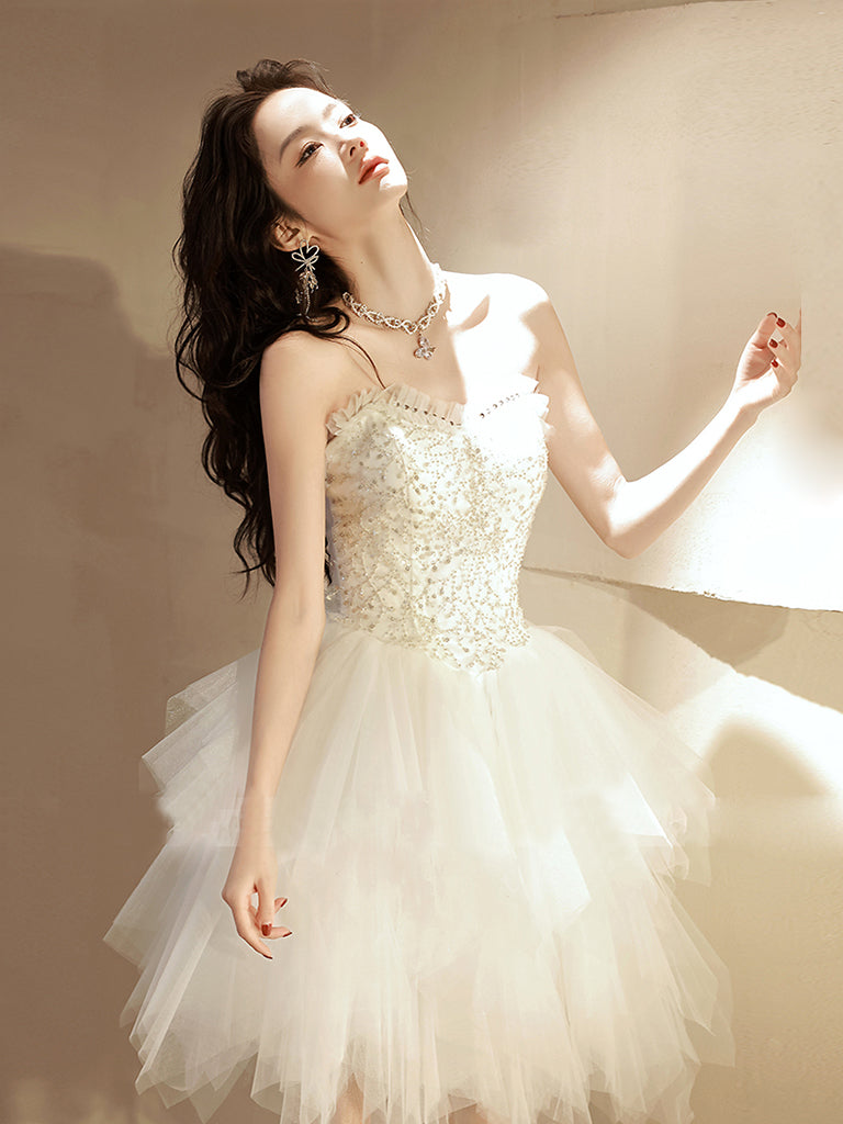 Beige Tulle Sequin Short Prom Dress for Homecoming - Sparkly Party Dress for Teens, Sweet 16, Quinceañera & Special Occasions