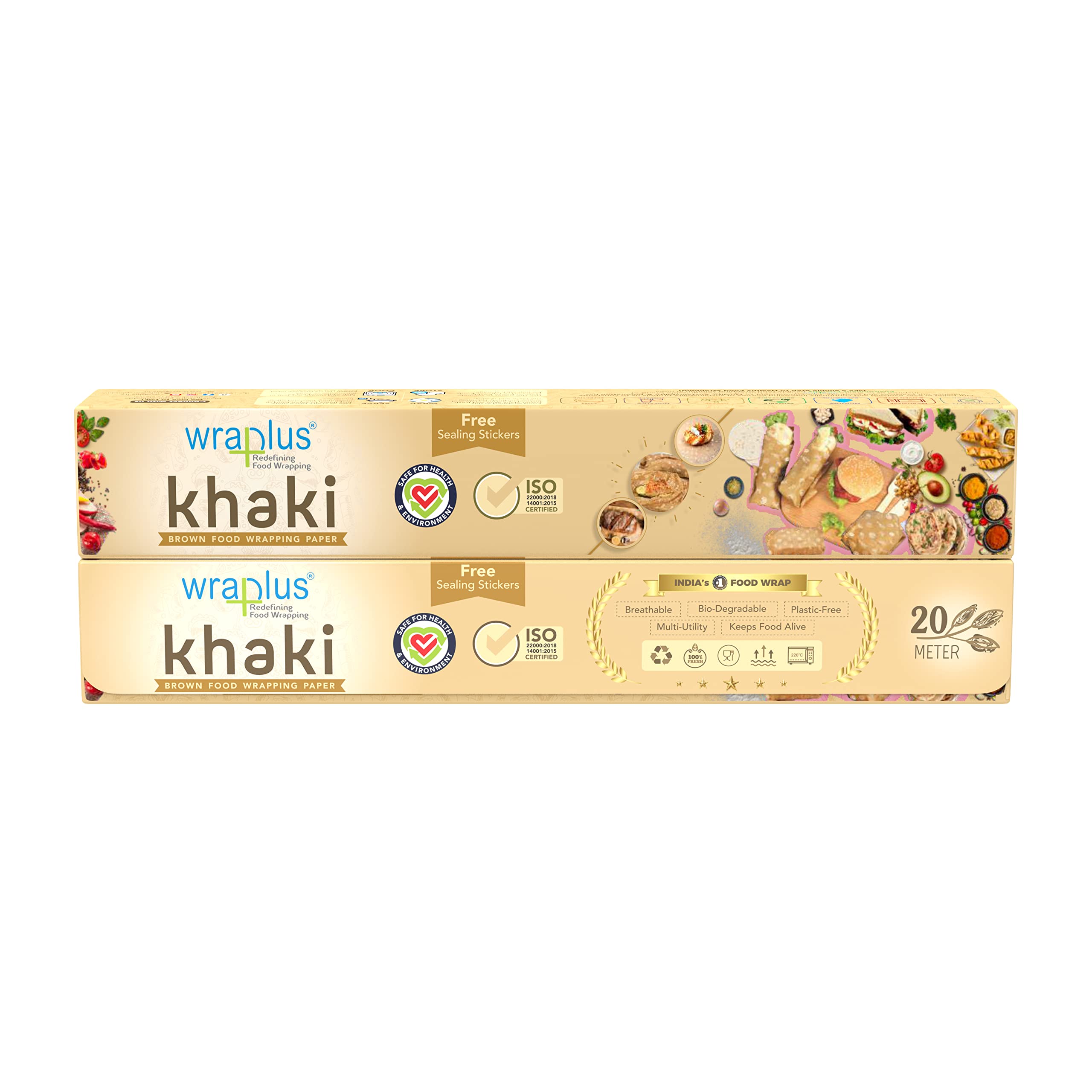 Wraplus Premium Khaki & White Food Wrapping Paper Roll - 20M (Pack of 1) | Eco-Friendly, Leak-Proof Kitchen Wrap for Sandwiches, Meal Prep & Leftovers