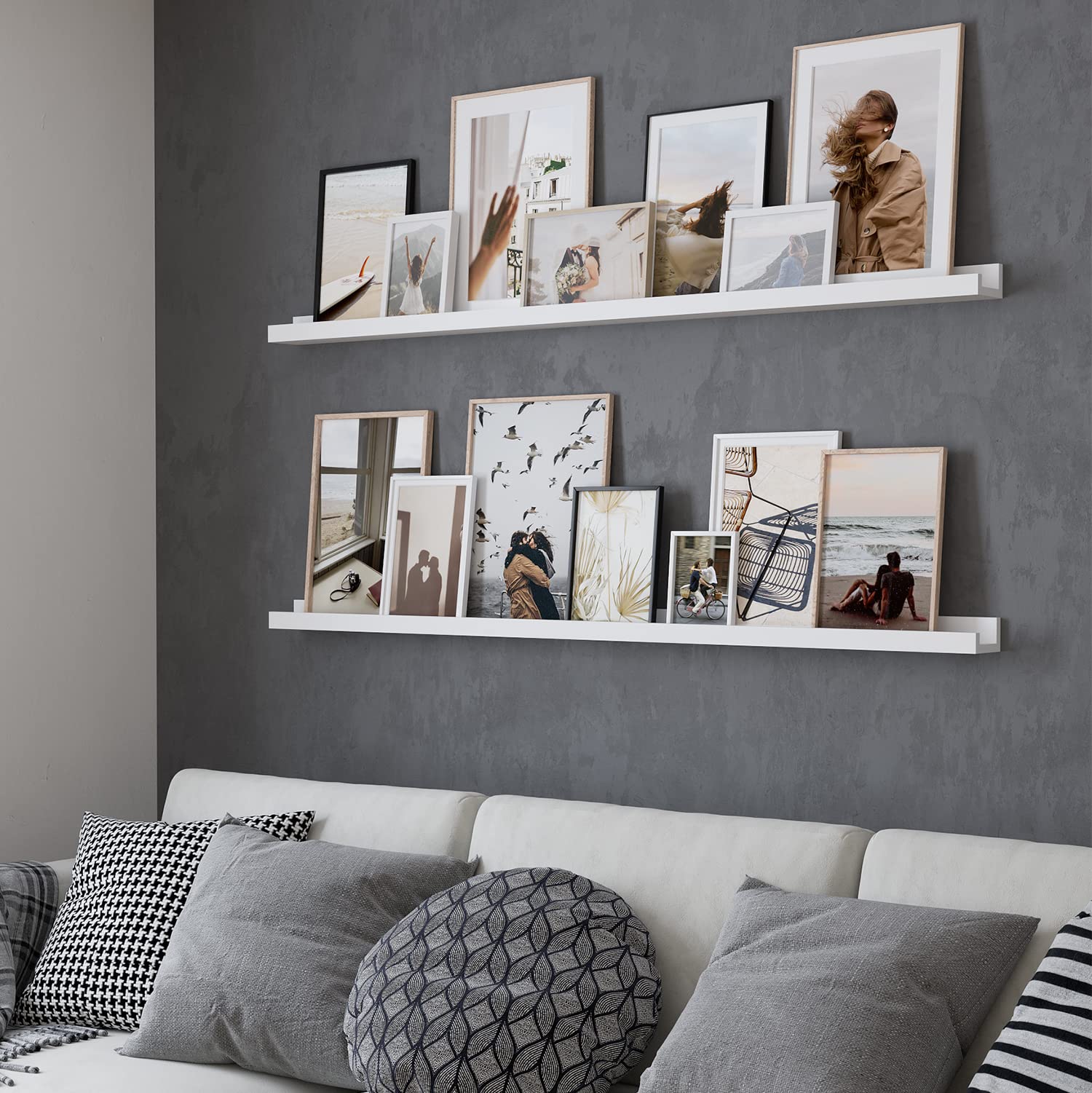 Modern Floating Shelves Set of 2 - 56 Inch Long Narrow Wall Mounted Picture Ledge - White Denver Style - Mounting Hardware Included - Perfect for Living Room, Bedroom & Office Decor