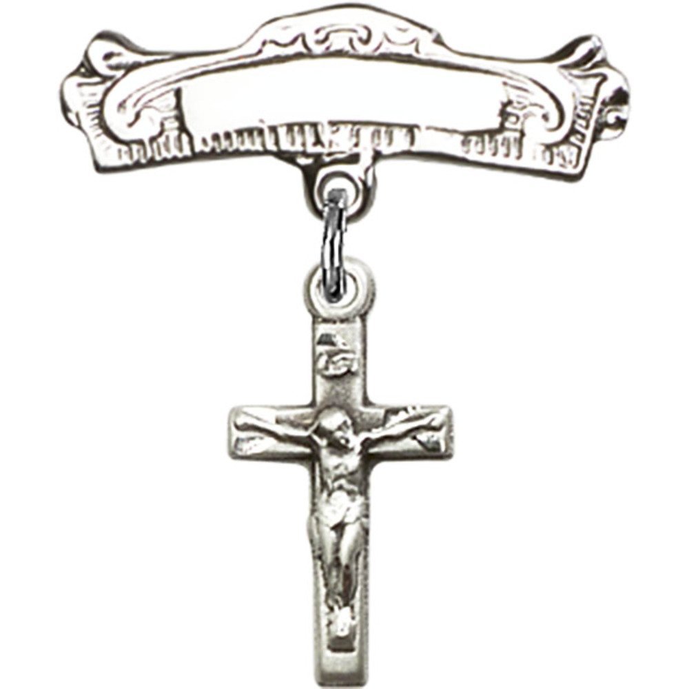 1 X 7/8 Inch Sterling Silver Baby Badge with Crucifix Charm - Elegant Arched Polished Pin for Christening, Baptism & First Communion Gifts