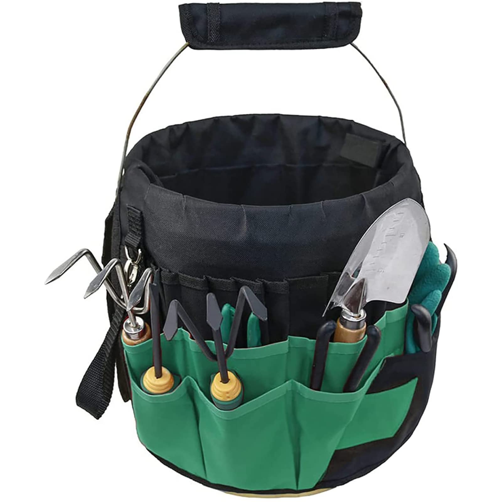 **JinKeHong Heavy Duty Garden Tools Bucket Bag - Green Gardening Organizer with 42 Pockets & Comfortable Handle - Ideal for Gardeners, Landscaping, and Outdoor Work (Bag Only, No Tools Included) - Perfect for Storing Pruners, Gloves, and Small Tools**