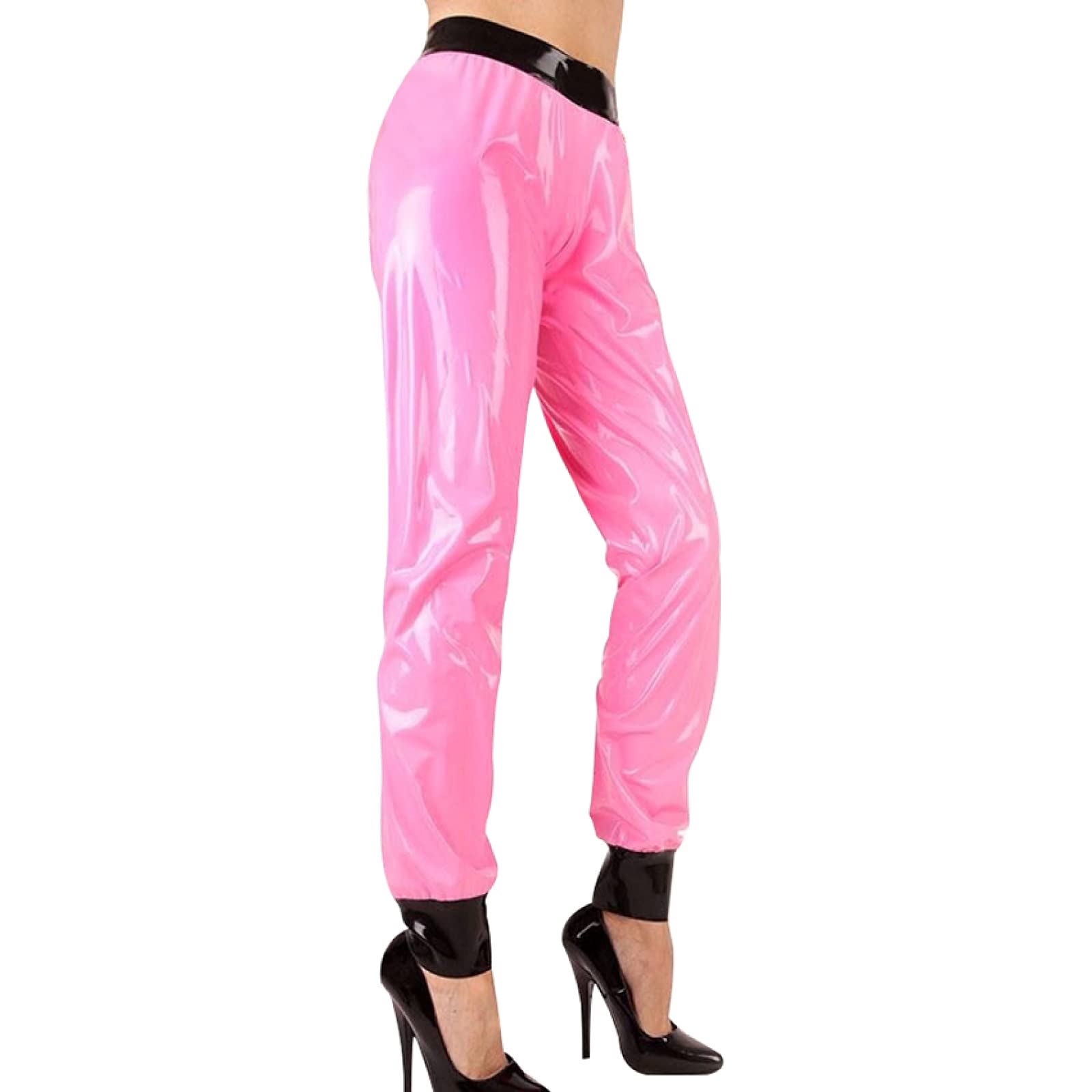 Sexy Latex Leggings for Men - Rose Red & Black Trim Rubber Riding Breeches Pants (XXL) - Perfect for Fetish Wear, Cosplay, and BDSM Fashion