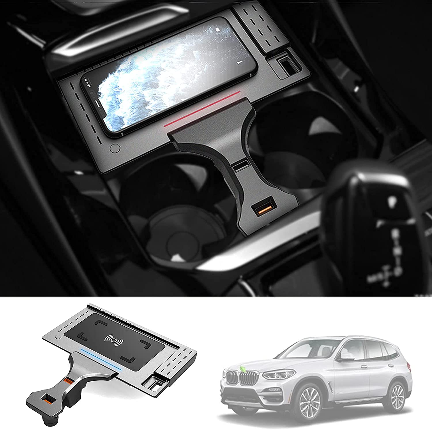 Wireless Car Charger Mount for BMW X3/X4 2019-2021 Models - 15W QC 3.0 Fast Charging Compatible with iPhone 12/13/14, Samsung Galaxy S21/S22 - USB Port - Perfect for Road Trips & Daily Commutes