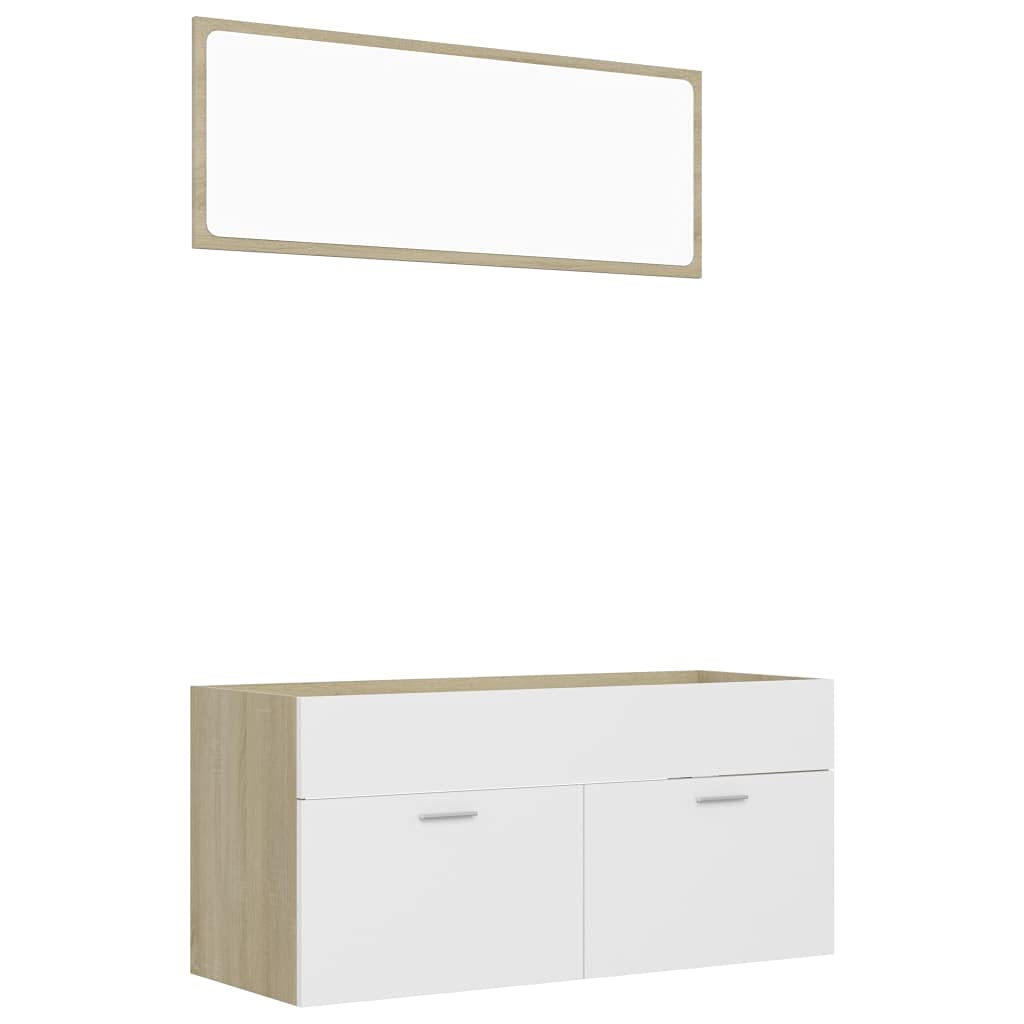 Warmliving 2-Piece Bathroom Vanity Set with Mirror - White & Sonoma Oak Storage Cabinet, Chipboard Bathroom Furniture for Small Spaces | Perfect for Apartments, Guest Bathrooms & Modern Home Decor