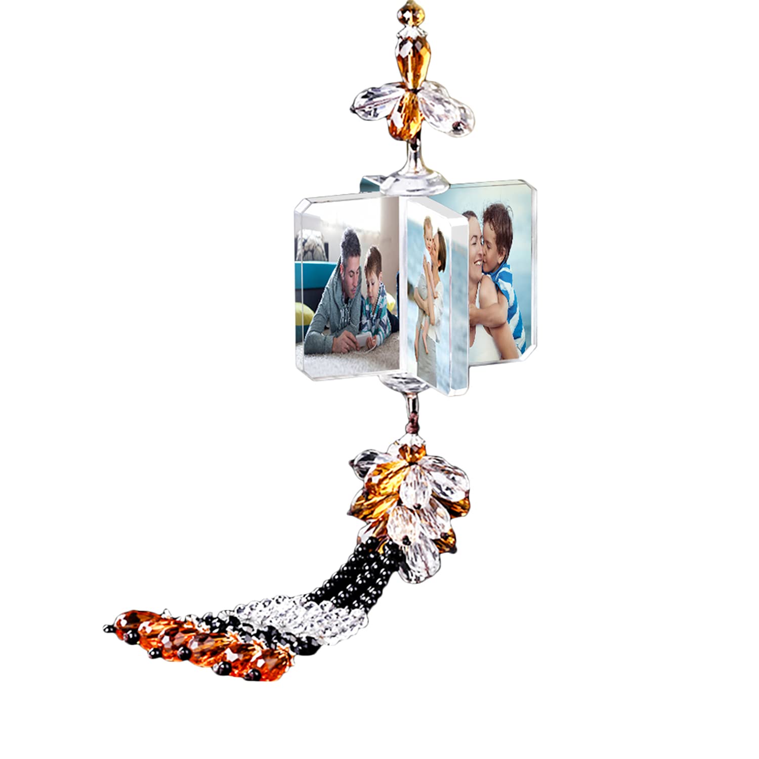 Crystal Windmill Pendant Car Mirror Hanging with 4 Photo Frames - 40-60cm Orange Rearview Mirror Ornament for Car Accessories - Perfect for Personalizing Your Vehicle and Adding a Stylish Touch to Your Daily Commute