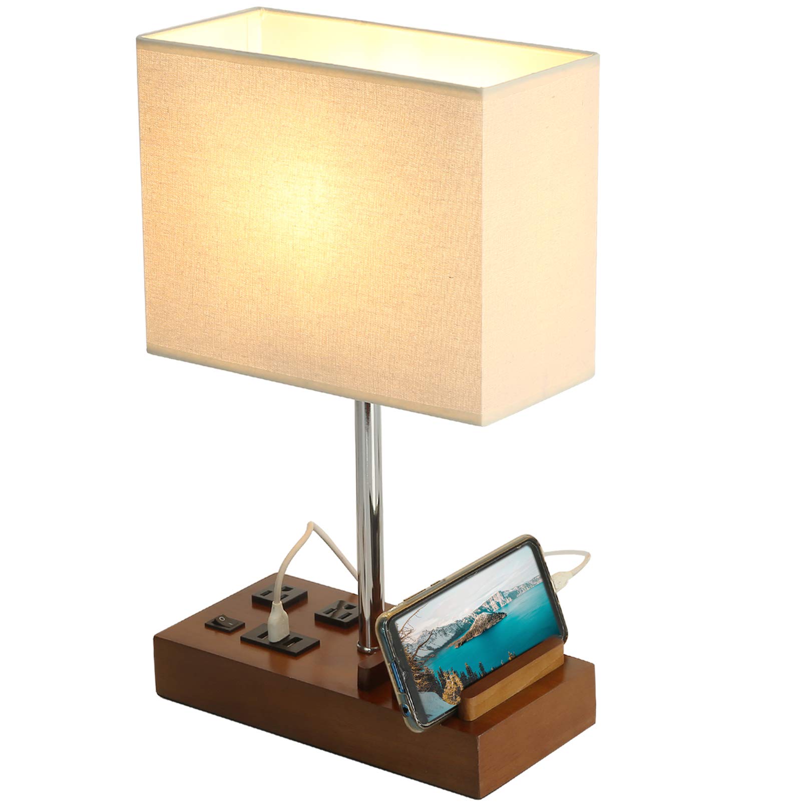 Briever USB Table Lamp with 2 AC Outlets & 3 USB Ports - Modern Multi-Functional Bedside Desk Lamp with Wooden Phone Stand - Perfect for Bedroom, Guest Room, Office & Study Lighting