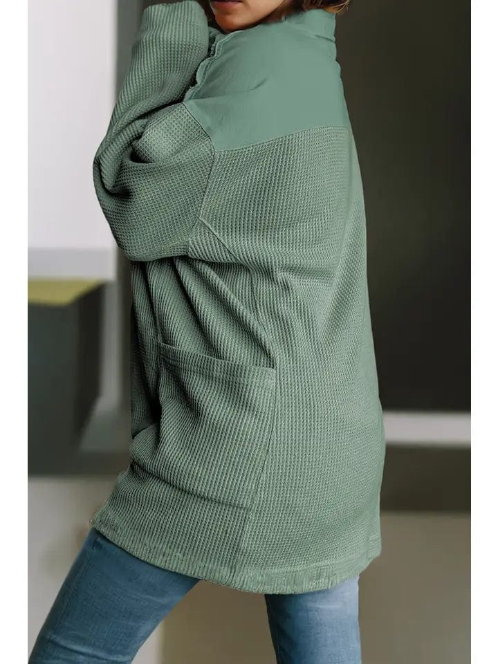 Women's Long Sleeve Waffle Knit Button Down Shirt with Side Pockets - Casual Fall Outfit for Work & Weekend Wear