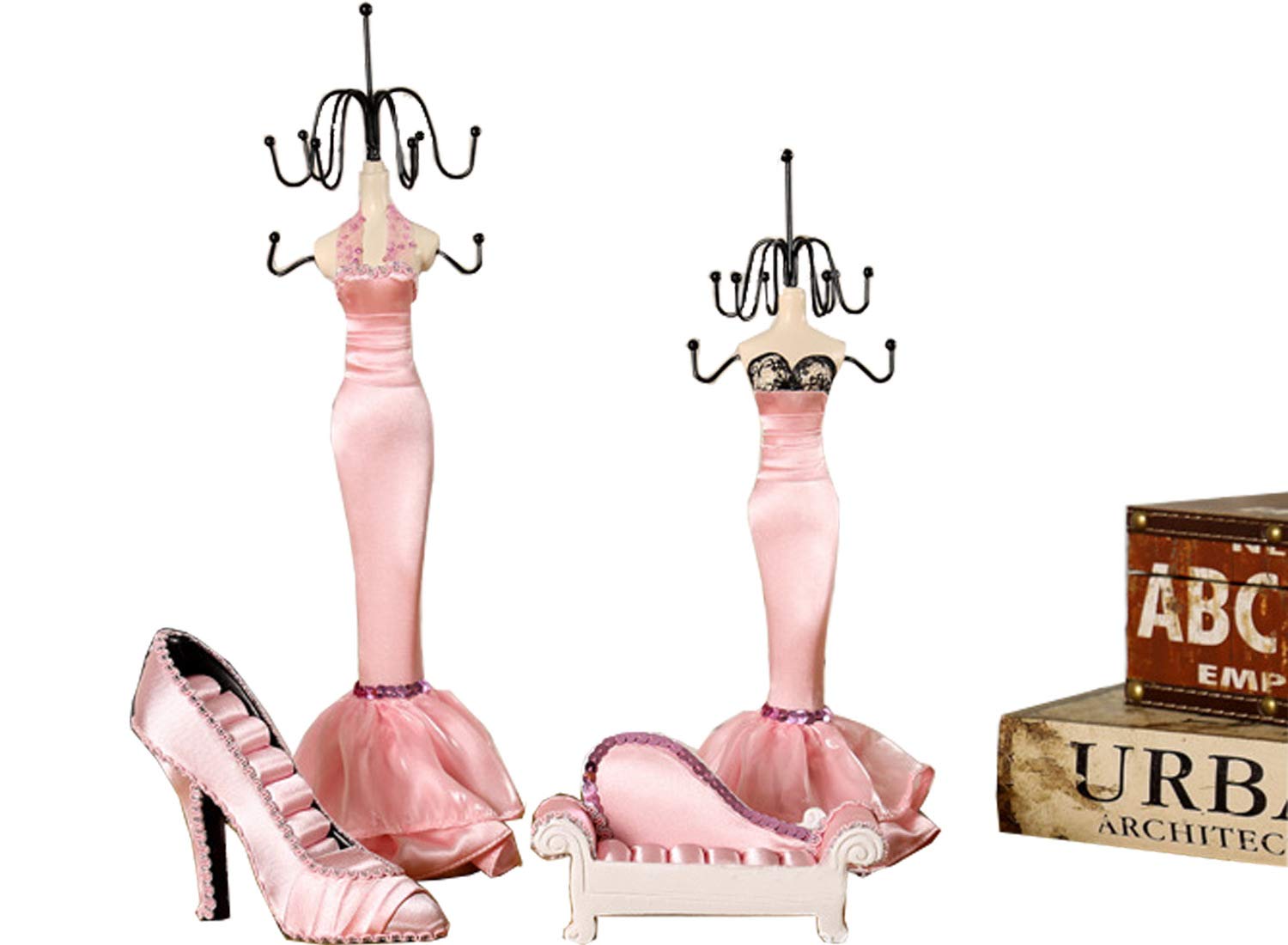 LLBubble 4-Piece Jewelry Organizer Set - Hanging Necklace, Earring, Bracelet & Ring Holder - Pink Dress Display Stand for Bedroom, Bathroom & Travel