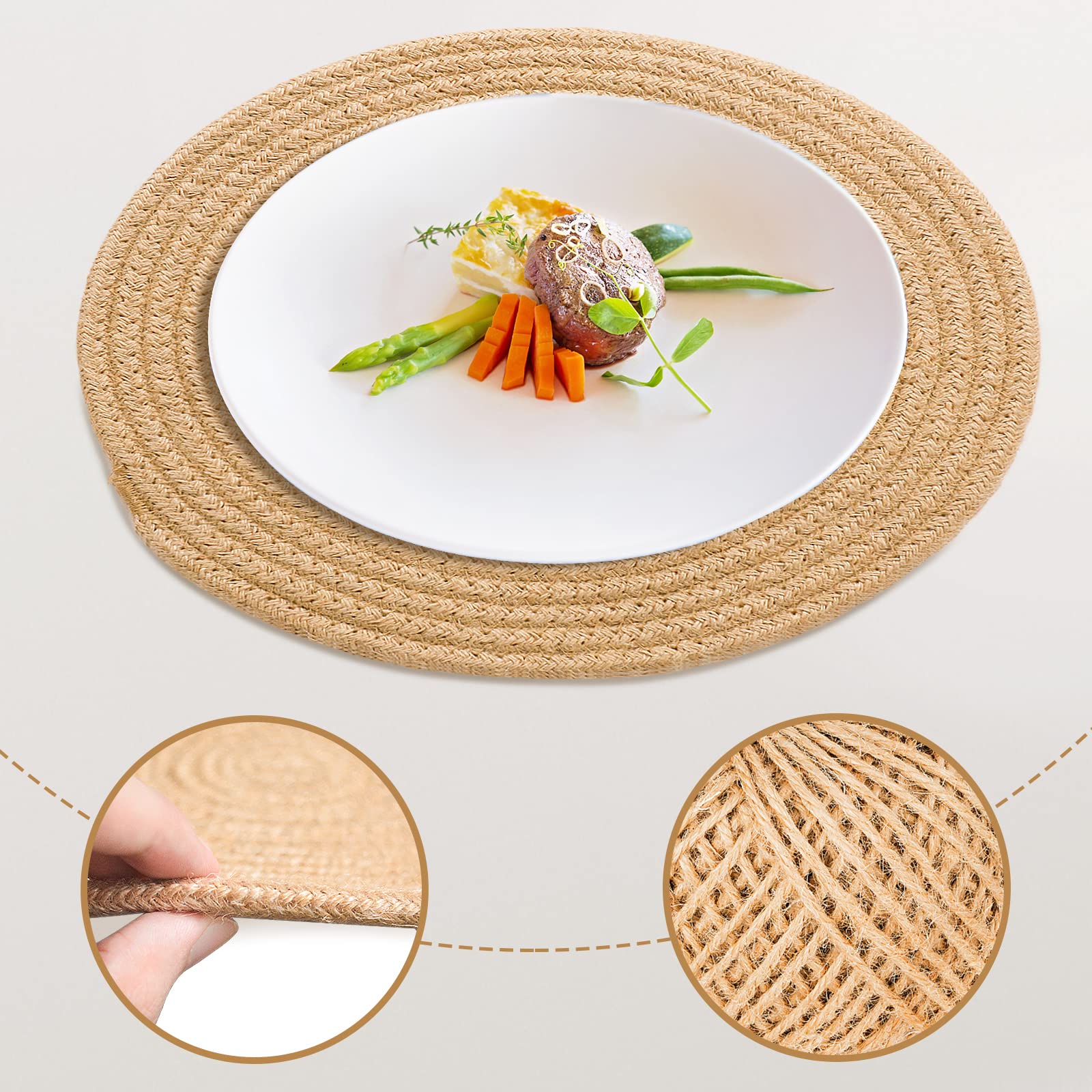 Round Cotton Placemats Set of 4 - 12 Inch Woven Washable Table Mats for Round Dining Table | Natural Jute Decor | Perfect for Farmhouse, Rustic, and Boho Style Dining Rooms