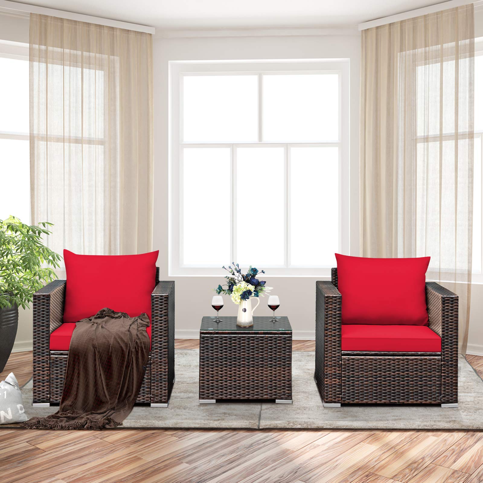 Tangkula 3-Piece Outdoor Patio Furniture Set with Washable Cushions & Tempered Glass Table - PE Rattan Wicker Sofa Set for Garden, Poolside, Balcony - Perfect for Relaxing, Entertaining & Outdoor Dining