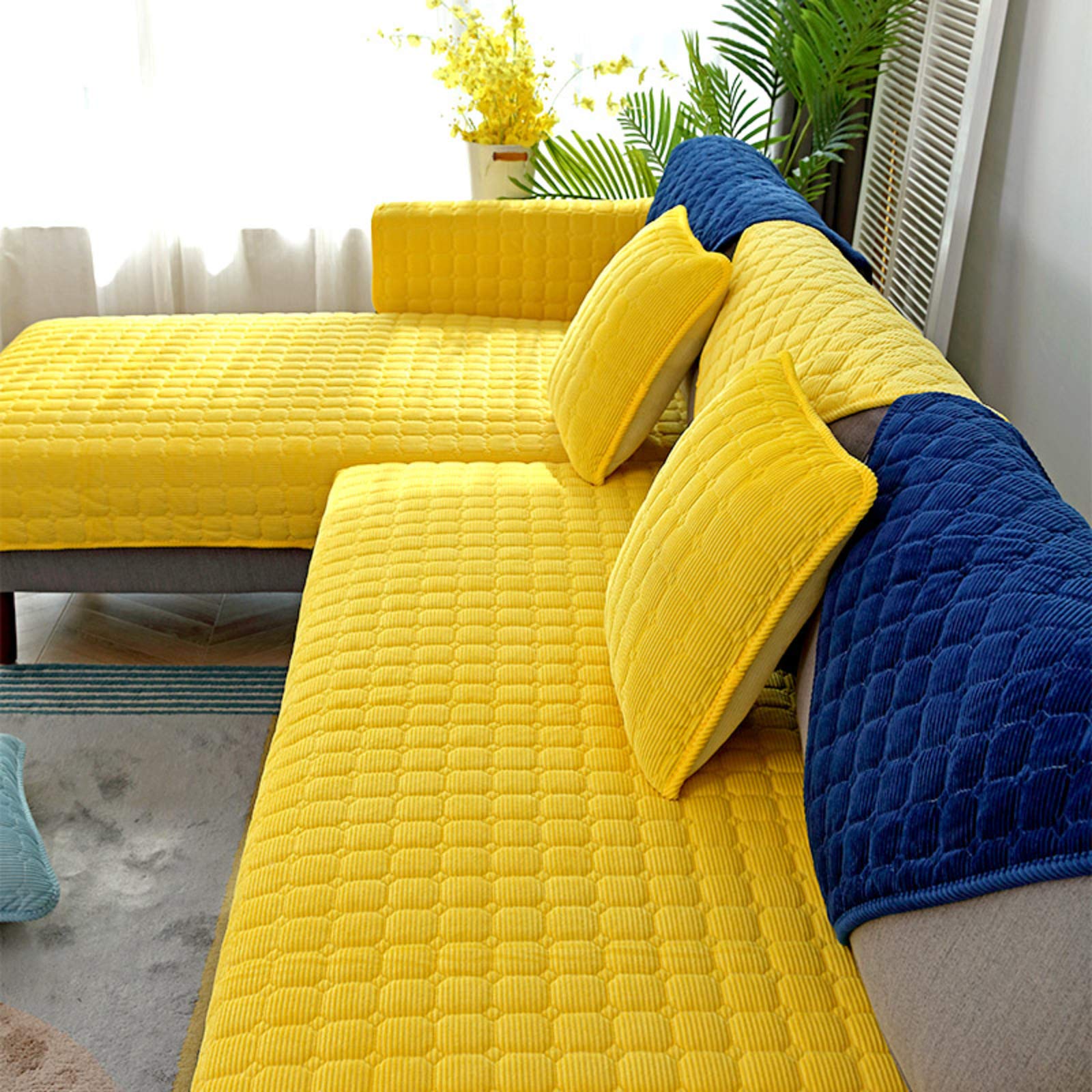 QSCV Non-Slip Velvet Chaise Lounge Cover for Dogs & Pets - L-Shaped Sofa Protector, Yellow (90x90cm) - Perfect for Sectional Couches, Living Room Furniture Protection & Pet-Friendly Home Decor