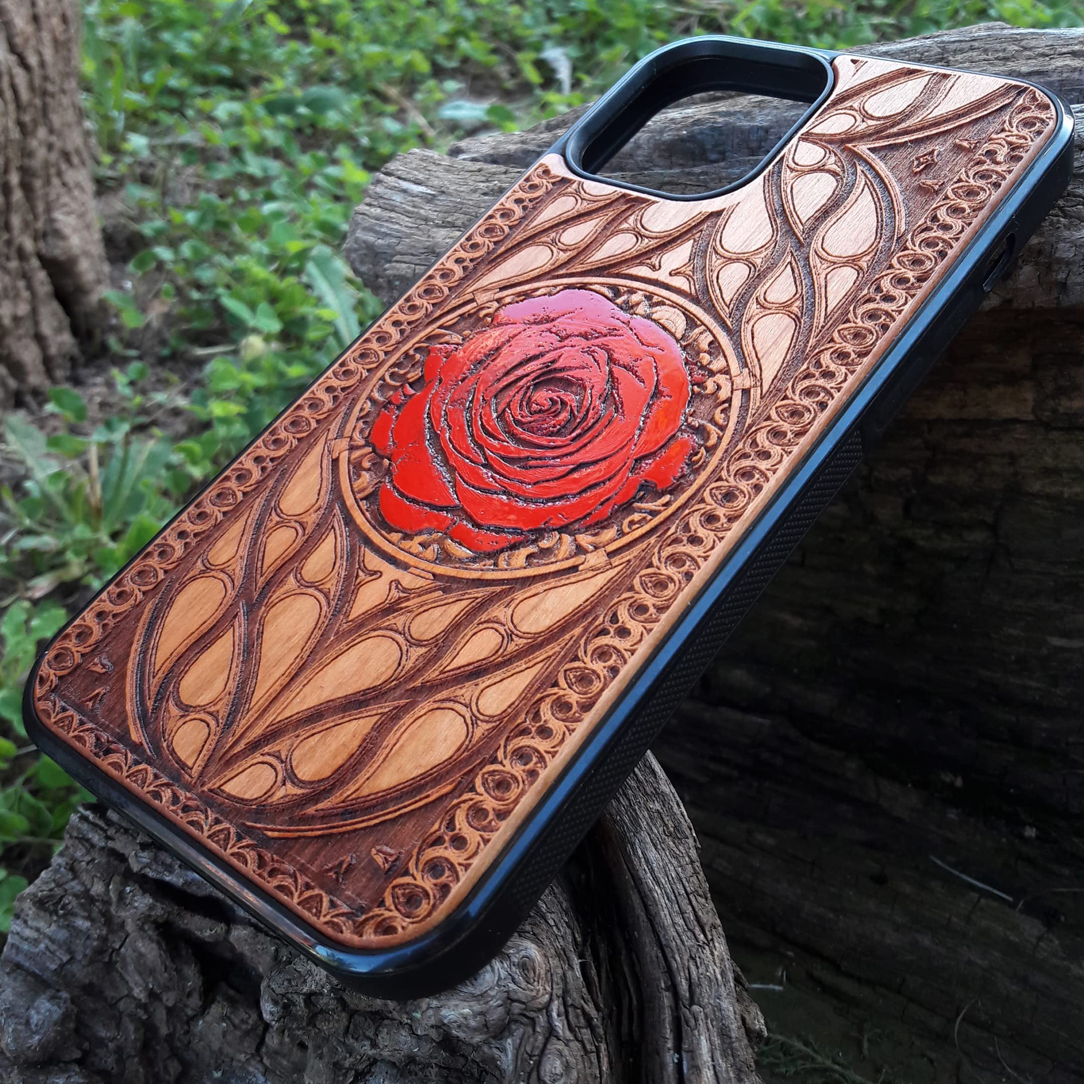 Elegant Red Rose Laser Engraved Wood Phone Case for iPhone 16/15/14/13/12/11 Pro Max Mini & Galaxy S25/S24/S23/S22/S21/S20 Ultra Plus - Eco-Friendly Slim Durable Wooden Cover - Perfect Gift for Valentine's Day & Anniversary