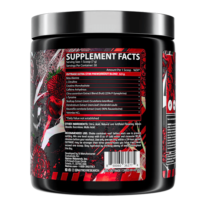 Nutrex Outrage Ultra Stim Pre Workout Powder - High Energy & Focus Supplement for Intense Workouts | Gym, Bodybuilding & Fitness Training
