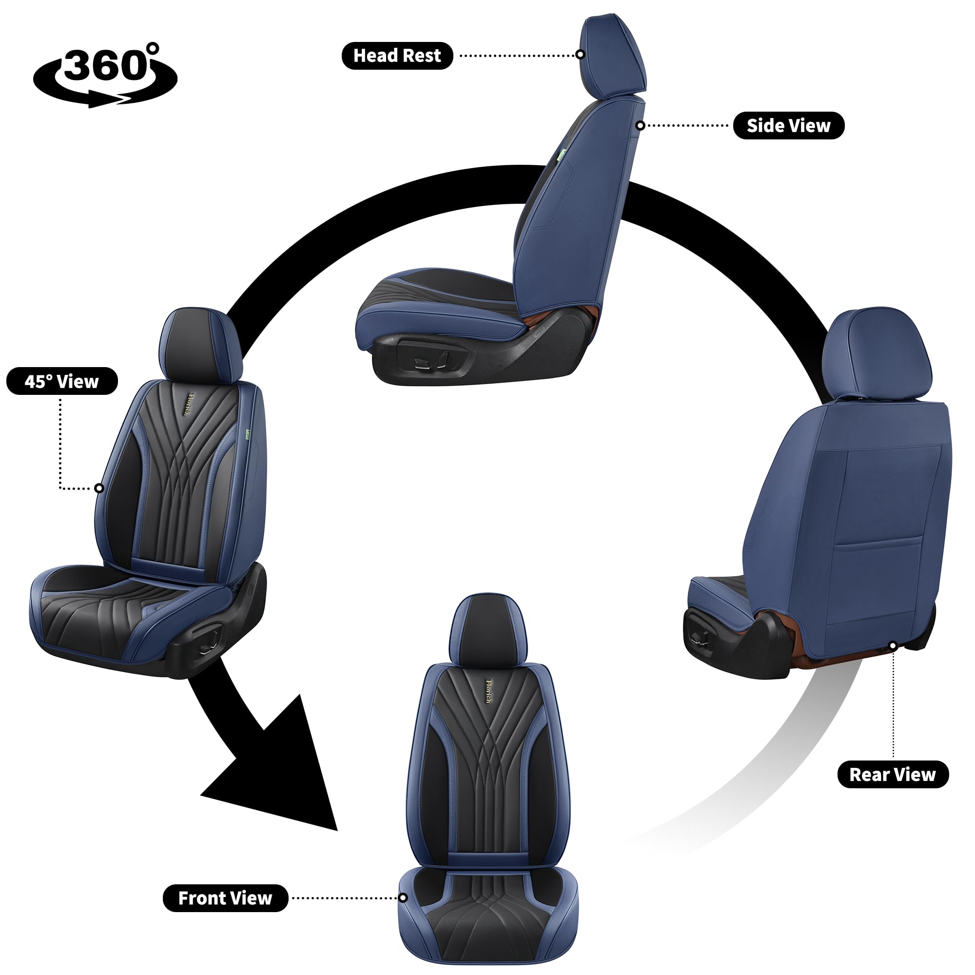 Premium FLORICH Front Seat Covers - 2-Piece Waterproof Leatherette Car Seat Protectors (Black & Blue) for Sedan, SUV & Pickup Trucks | Luxury Comfort & Vehicle Interior Protection for Daily Commute, Road Trips & Family Travel