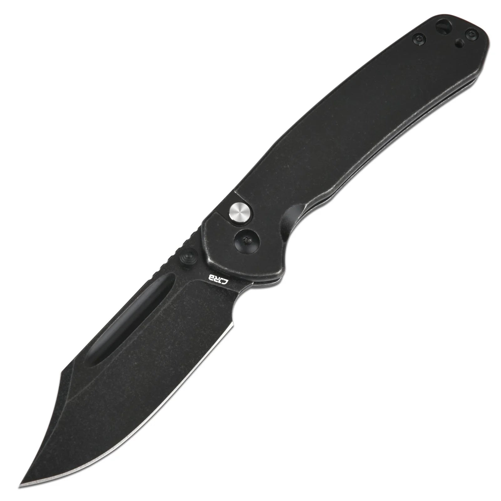 CJRB Pyrite Button Lock Folding Knife - Black Stonewash Drop Point Blade & Stainless Steel Handle - EDC Pocket Knife for Camping, Hiking, Outdoor Survival