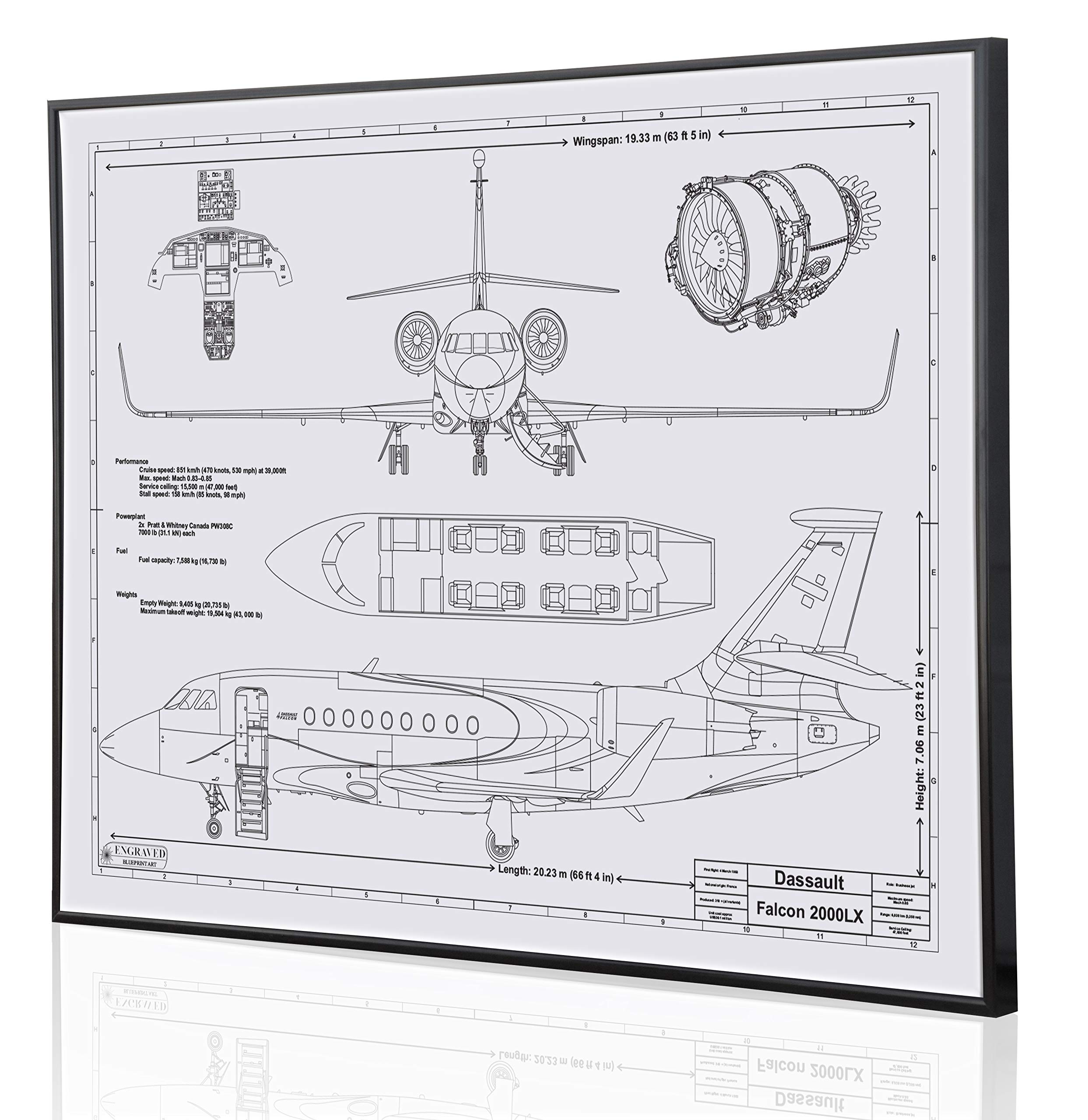 Custom Dassault Falcon 2000LX Blueprint Artwork - Laser Engraved Aviation Decor - Unique Pilot Gift for Home & Office Display