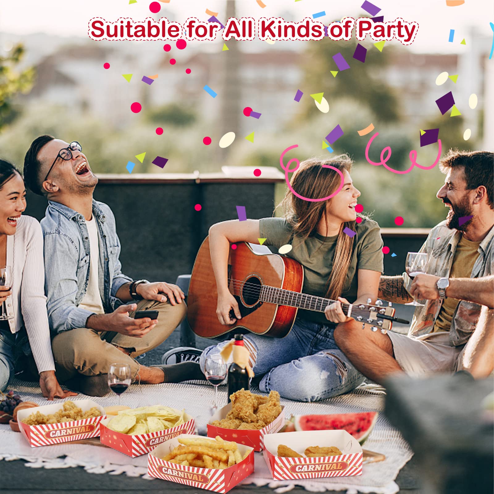 50 Pack Carnival Print Party Paper Food Trays - Disposable Nacho, Hot Dog & Snack Serving Boats for Parties, Events & Decorations - Perfect for Birthday, BBQ, Carnival & Picnic Use