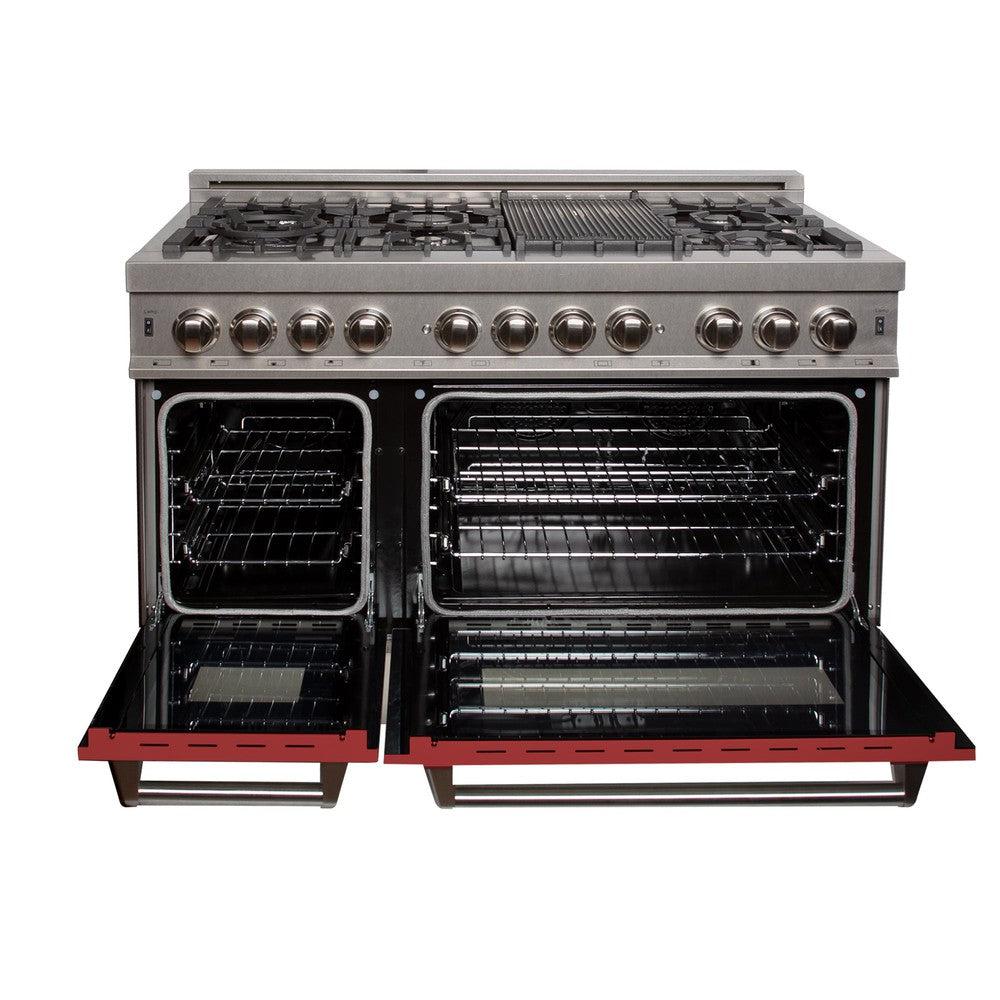ZLINE 48-Inch 6.0 cu. ft. Dual Fuel Range with 7-Burner Gas Cooktop & 2 Electric Ovens - Satin Stainless Steel with Red Matte Doors (RAS RM 48) - Ideal for Professional Home Kitchens and Gourmet Cooking