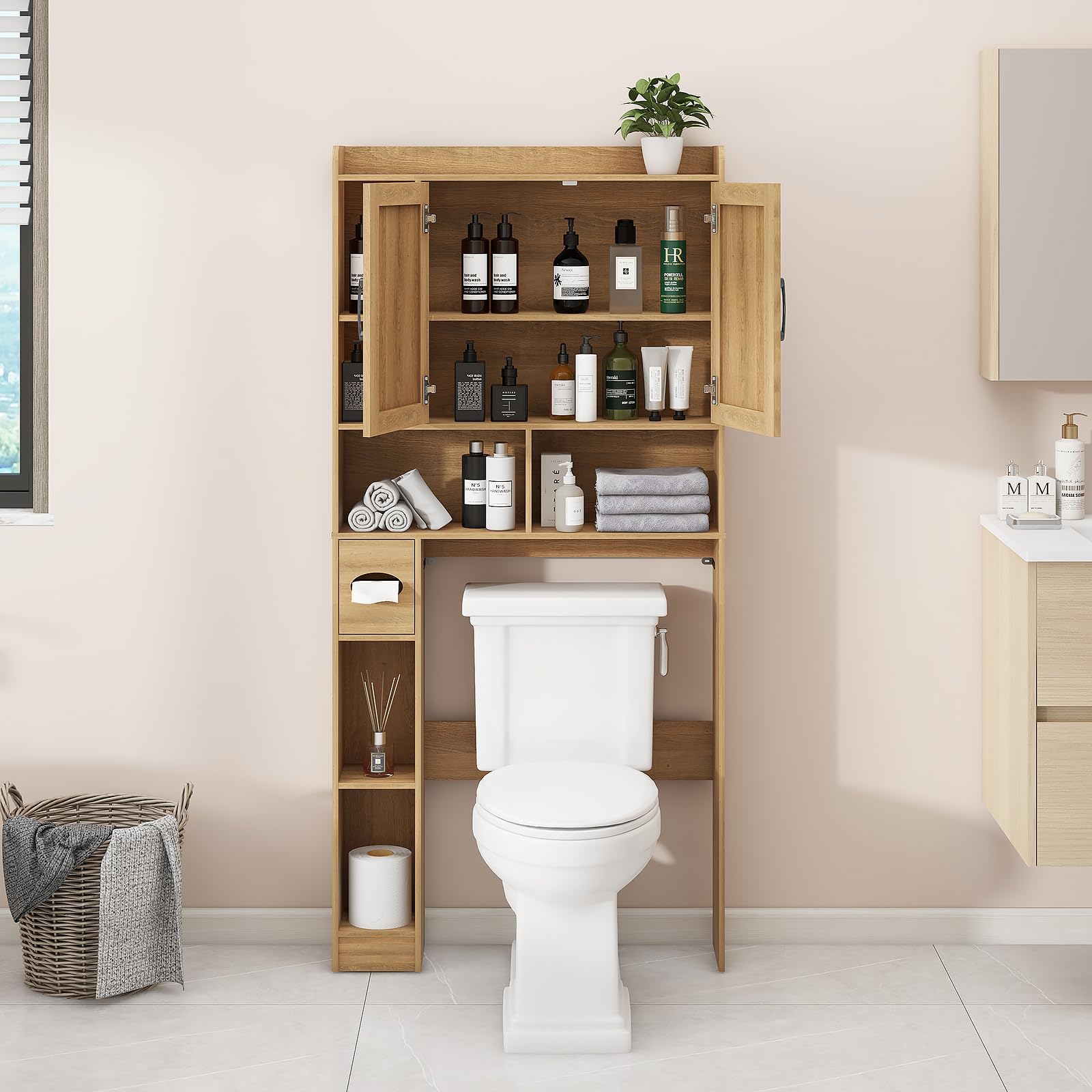 Farmhouse Rattan Storage Cabinet Over Toilet - 2 Door Bathroom Organizer with Toilet Paper Holder - Space Saving Oak Bathroom Cabinet for Small Spaces - Perfect for Bathroom Storage, Towel Rack & Toiletries Organization