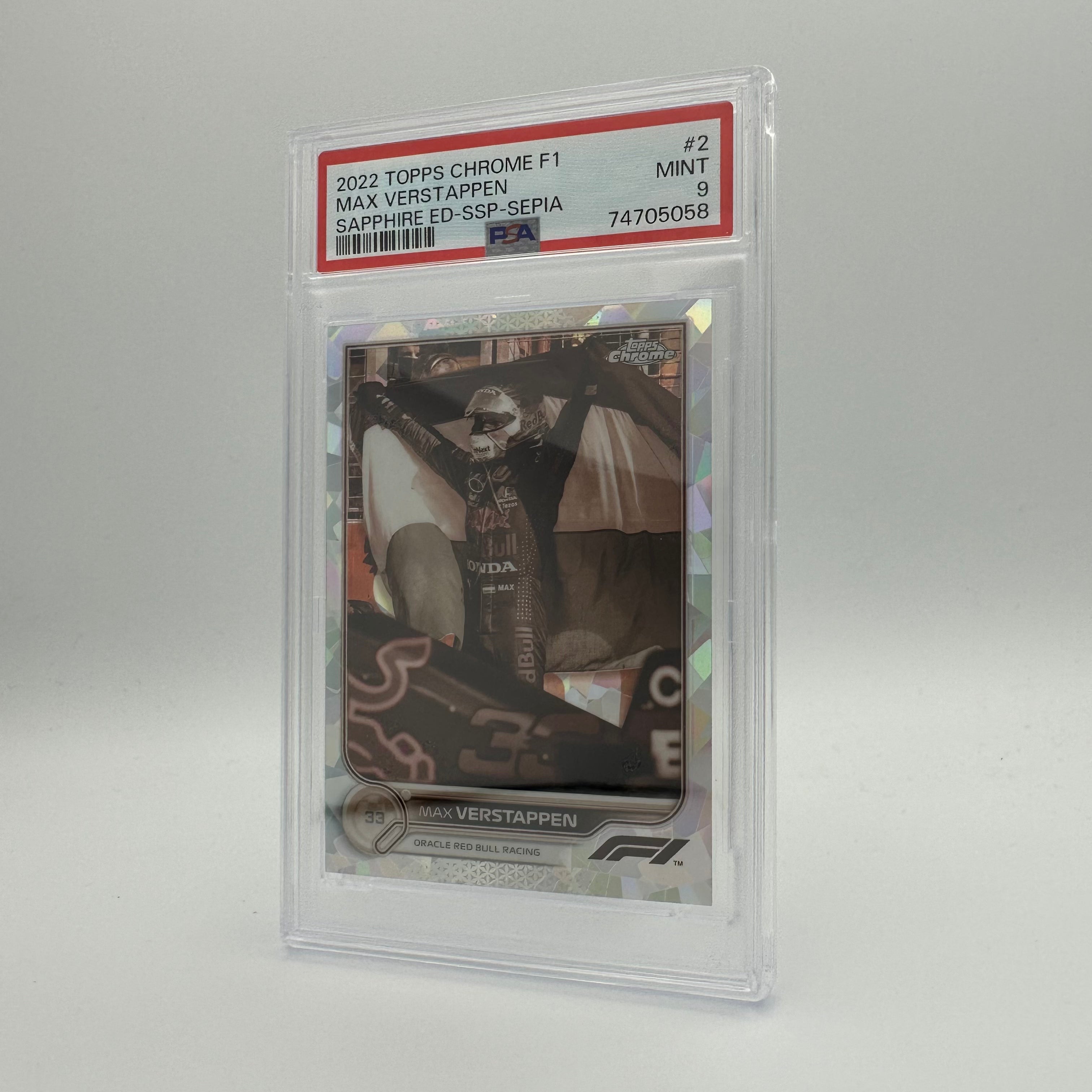 PSA 9 Graded 067/100 MAX VERSTAPPEN #2 SAPPHIRE EDITION SSP SEPIA Trading Card - Rare Collectible for F1 Racing Fans & Sports Memorabilia Enthusiasts