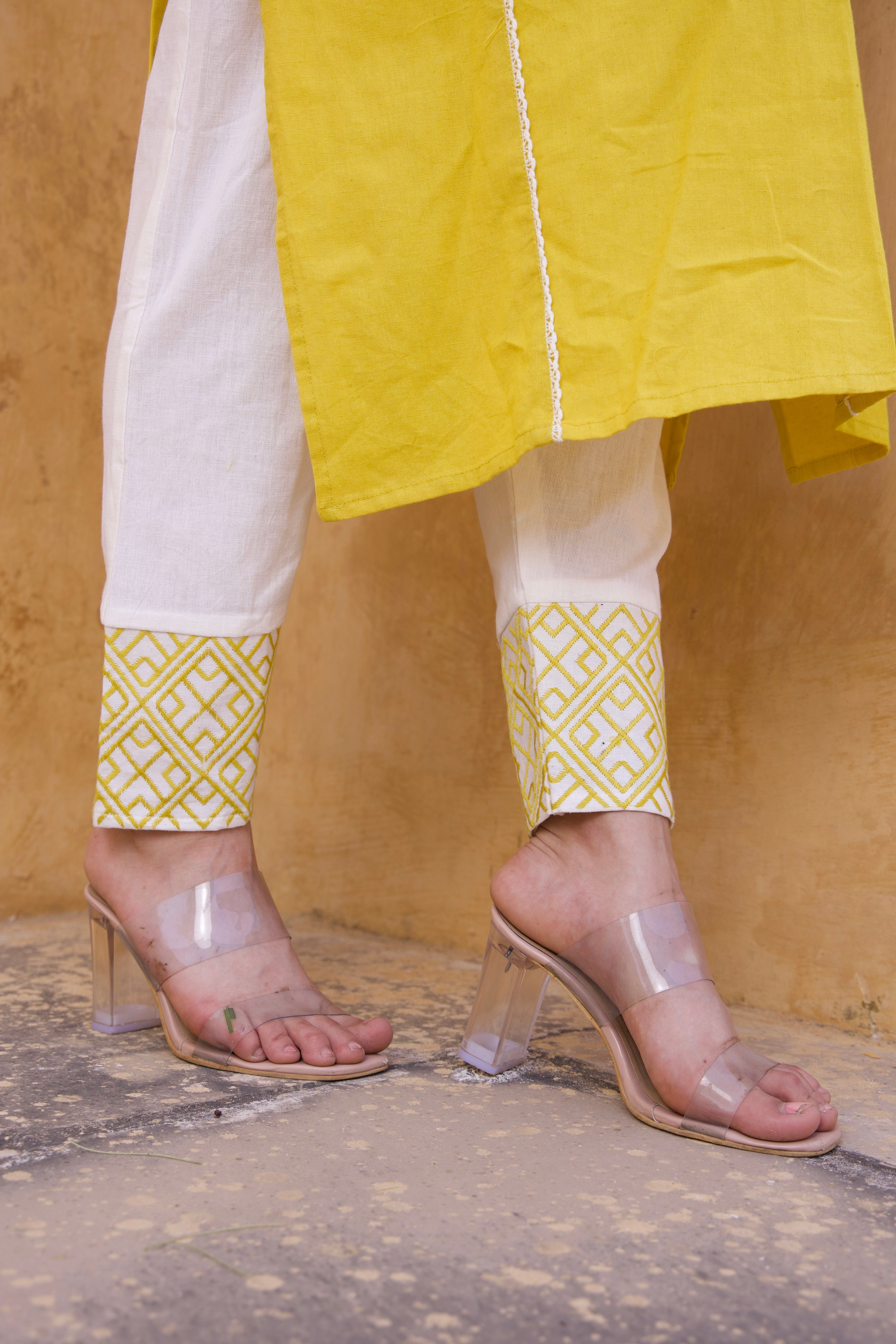White and Yellow Embroidered Kurta and Pants Set for Women | Traditional Indian Ethnic Wear | Perfect for Festivals, Weddings & Special Occasions