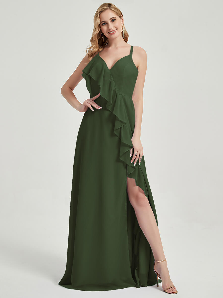 Elegant Olive Green Chiffon Maxi Bridesmaid Dress with Criss Cross Straps, Ruffles & High Slit - Perfect for Weddings, Formal Events & Evening Parties