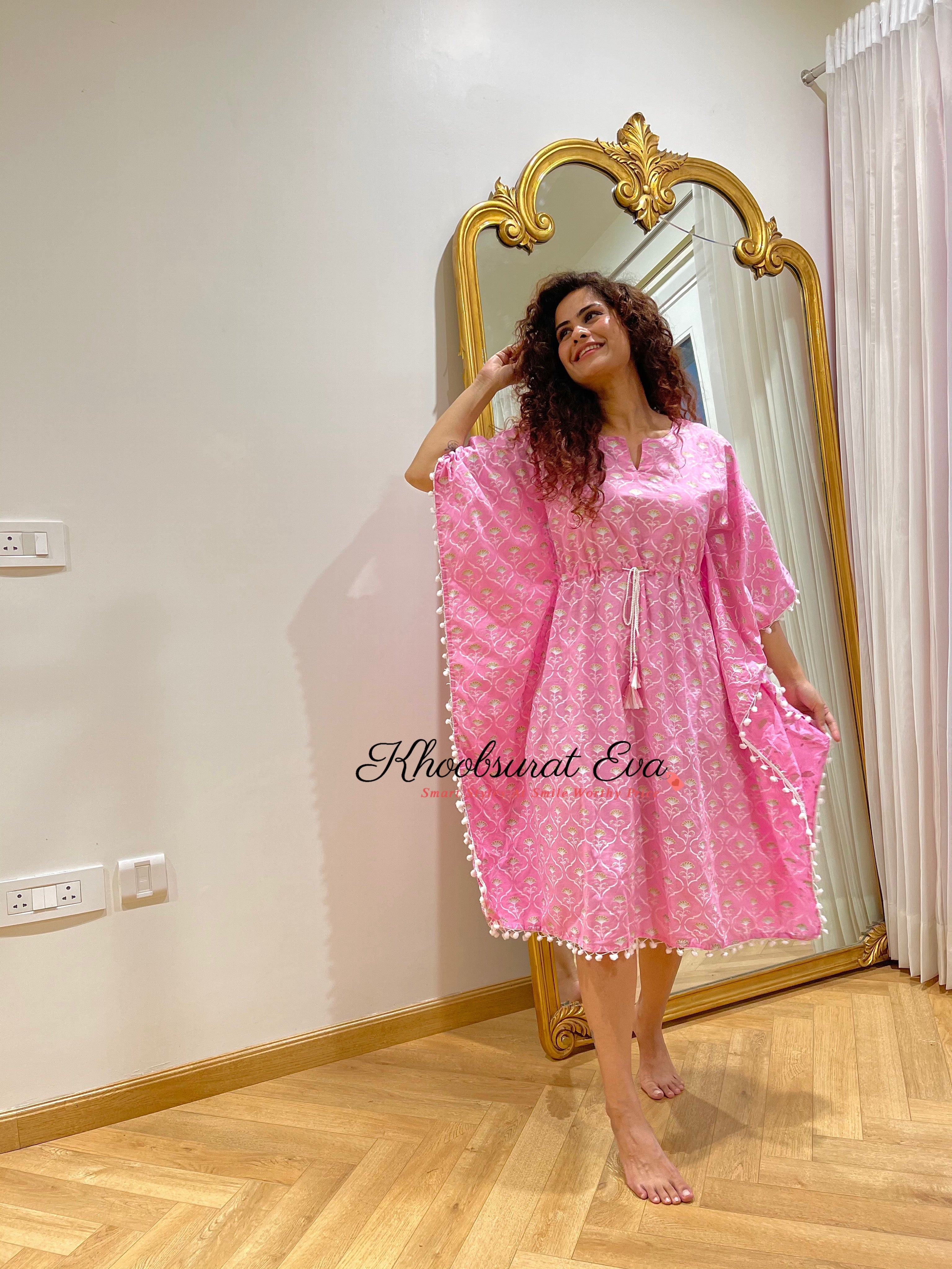 Stylish Pink and White Printed Kaftan Dress - Flowy Boho Maxi Dress for Women - Perfect for Beach, Vacation, and Summer Outfits