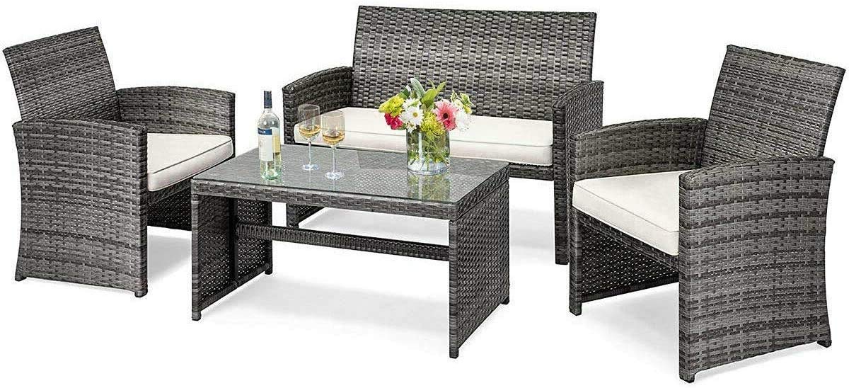 HappyGrill 4-Piece Patio Furniture Set - Rattan Wicker Outdoor Conversation Set with Coffee Table & Cushioned Chairs for Garden, Lawn, Poolside, Backyard - Perfect for Relaxing & Entertaining Outdoors