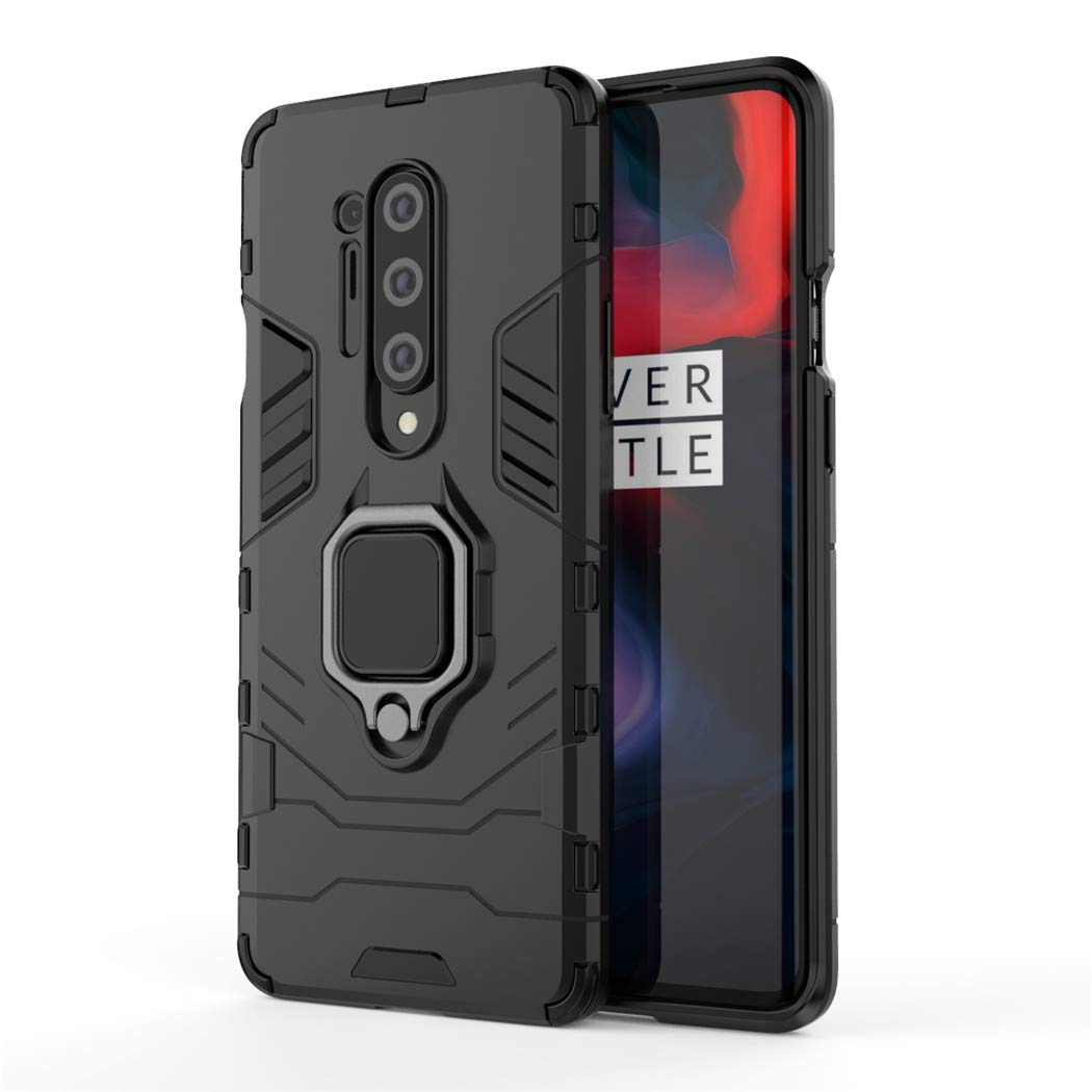 OnePlus 8 Pro (5G) Case with Metal Ring Grip & Kickstand - Magnetic Car Mount Compatible, Dual Layer Rugged Protective Cover (Black) - Perfect for Daily Use, Travel & Hands-Free Driving