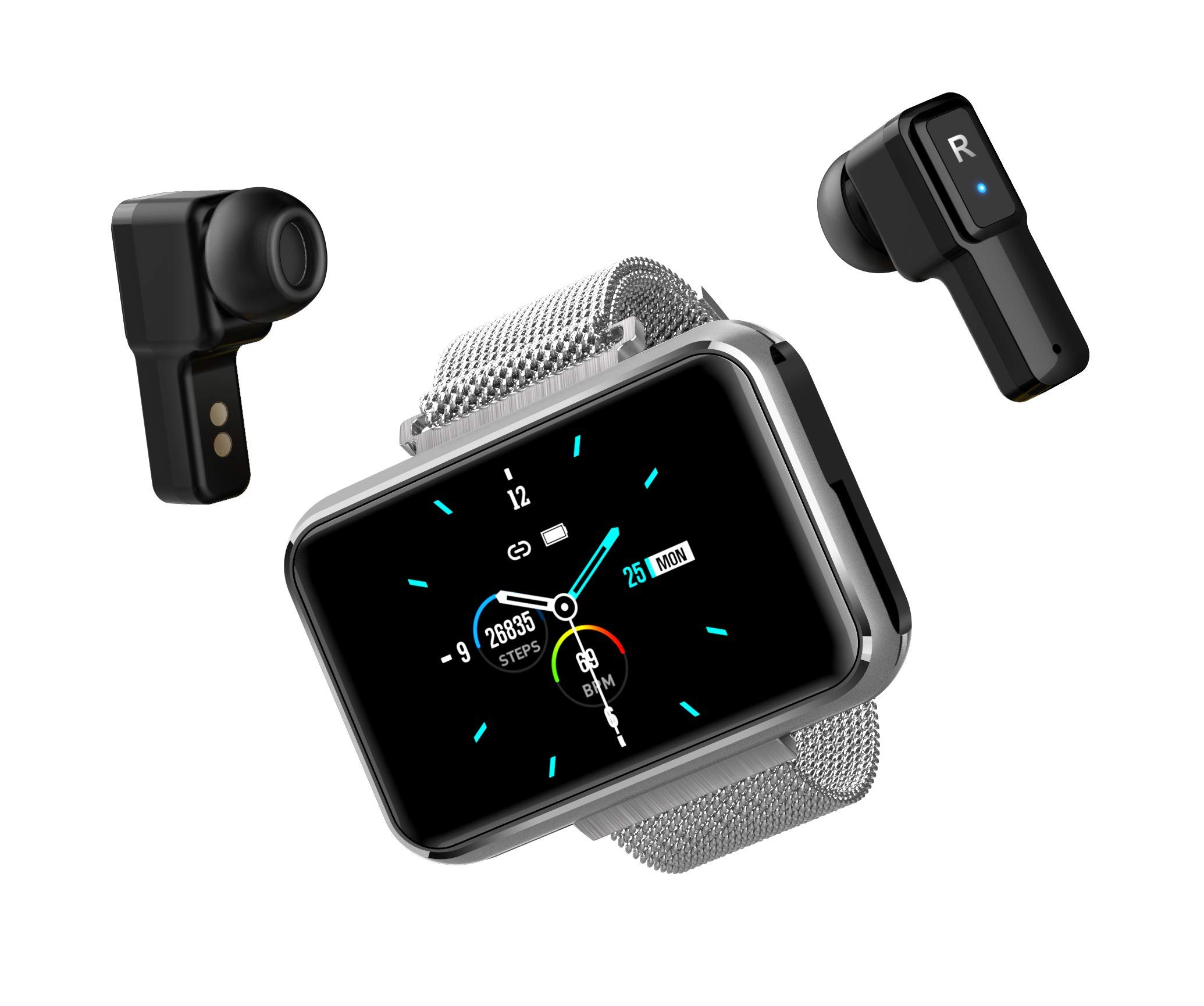 Smart Watch with Built-in Wireless Earbuds - Bluetooth Fitness Tracker with Touchscreen, Heart Rate & Sleep Monitor, Camera - Perfect for Running, Workouts & Daily Activity Tracking (Silver)