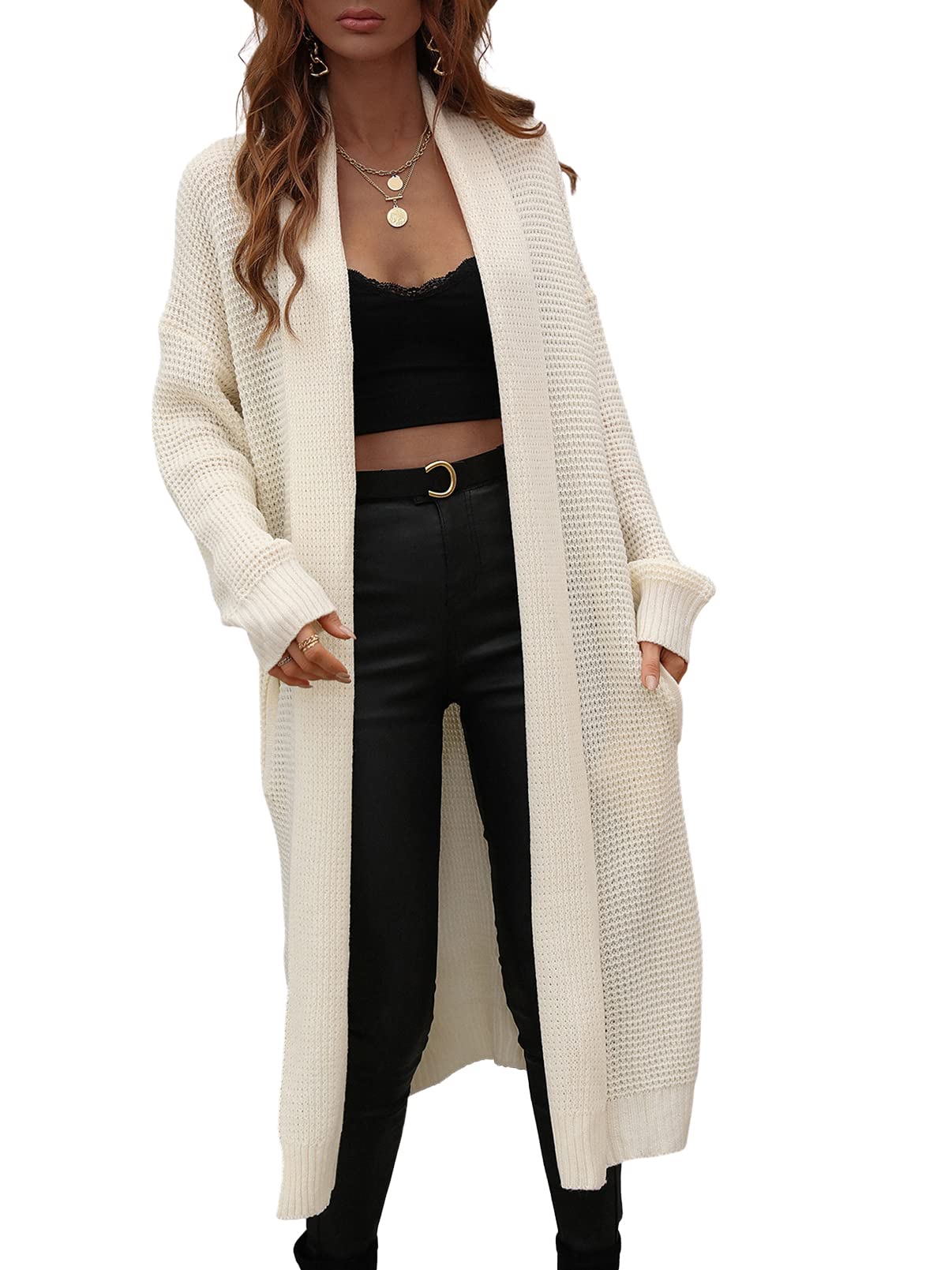 CHARTOU Women's Lightweight Long Waffle Knit Shawl Collar Open Front Duster Cardigan Sweater - Cozy Fall & Winter Layering Piece for Office, Travel and Casual Outfits