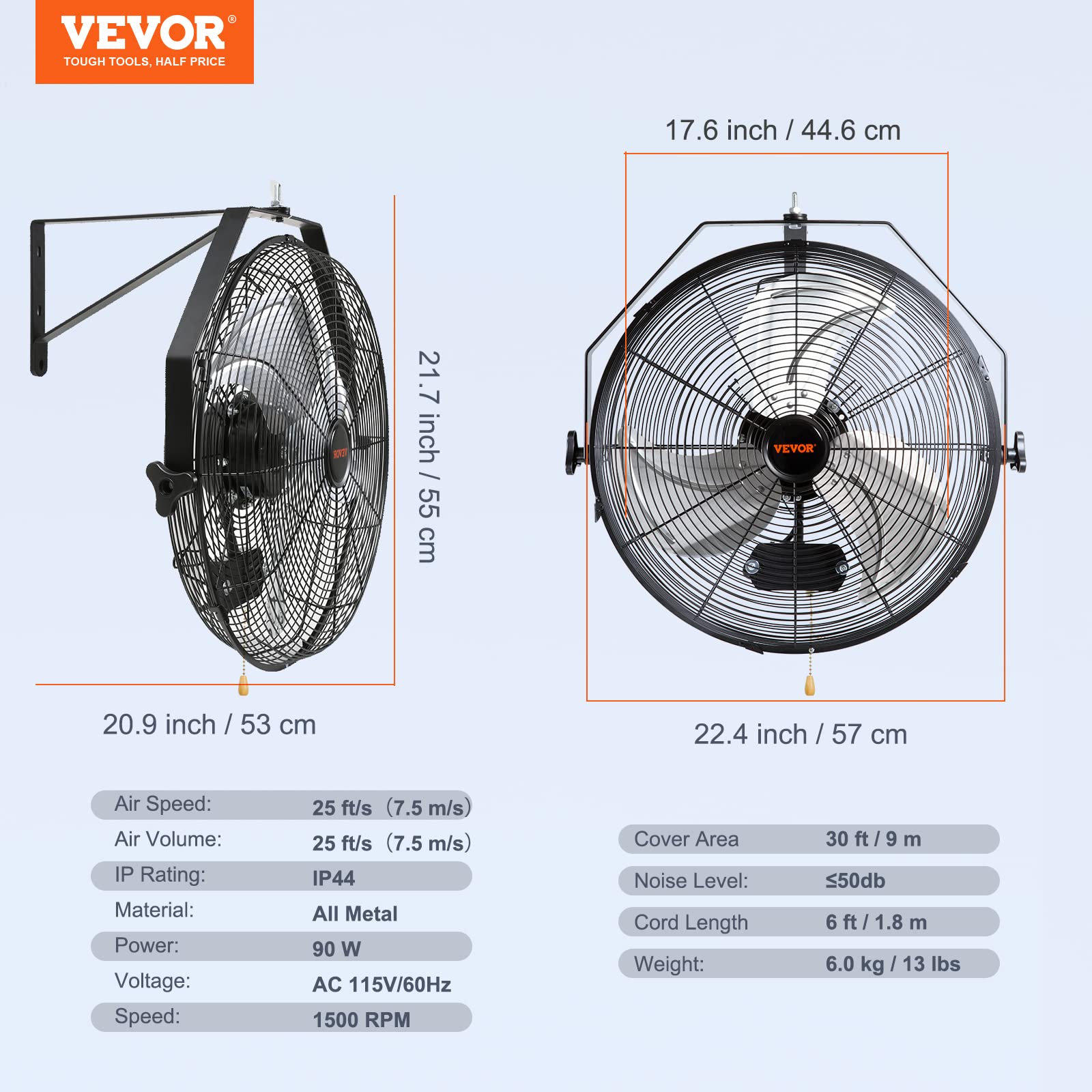 VEVOR 18 Inch Wall Mount Fan - 3-Speed IP44 Waterproof Industrial Fan, 4150 CFM High Velocity Wall Mounted Fan for Outdoor, Commercial, Residential Use - Perfect for Greenhouse, Workshop, Patio, Warehouse & Garage - Black, ETL Certified Safety Fan