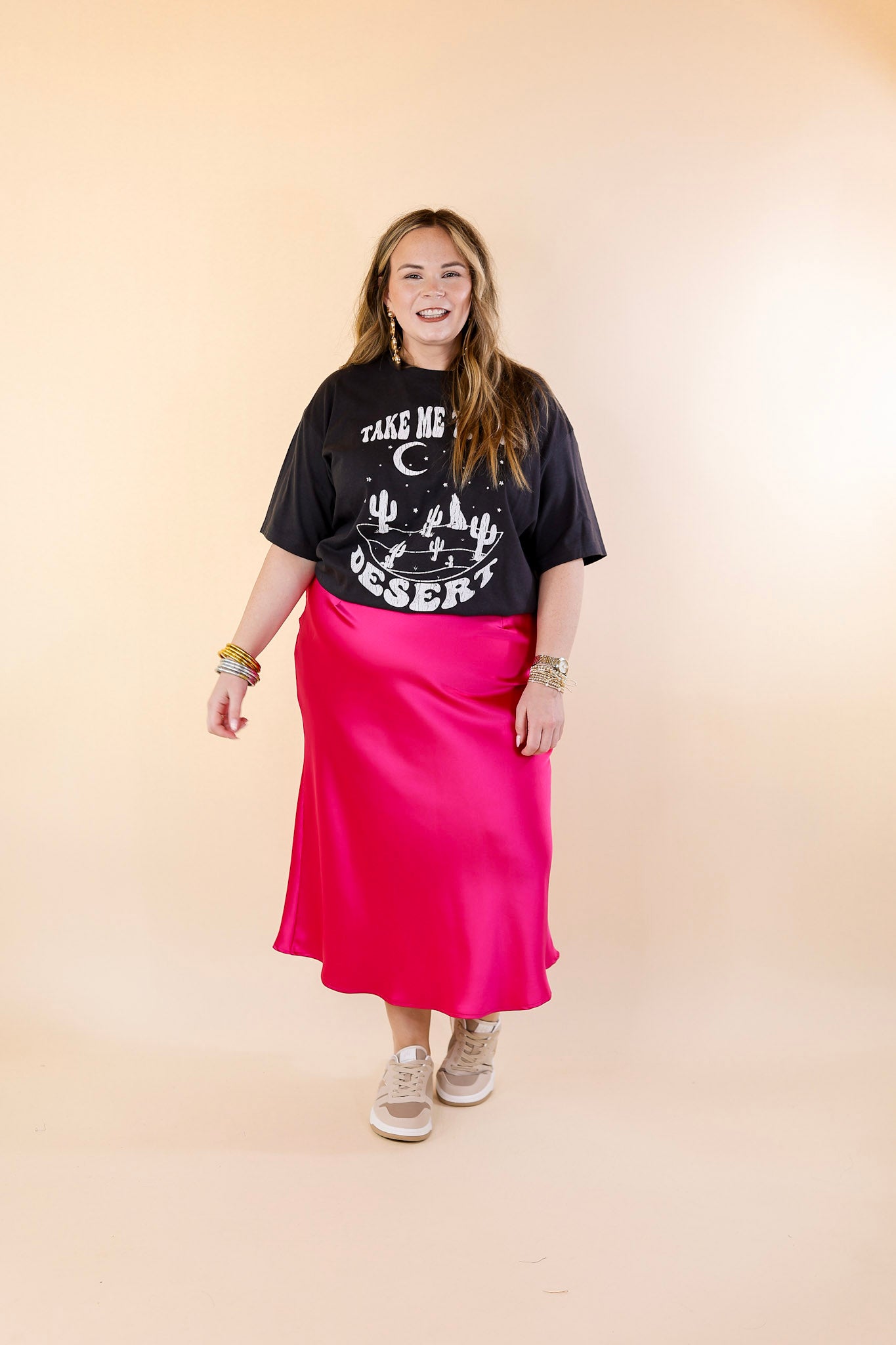 Bubbly And Blissful Satin Midi Skirt in Fuchsia Pink - Women's Elegant Party Dress for Weddings, Cocktail Parties & Date Nights