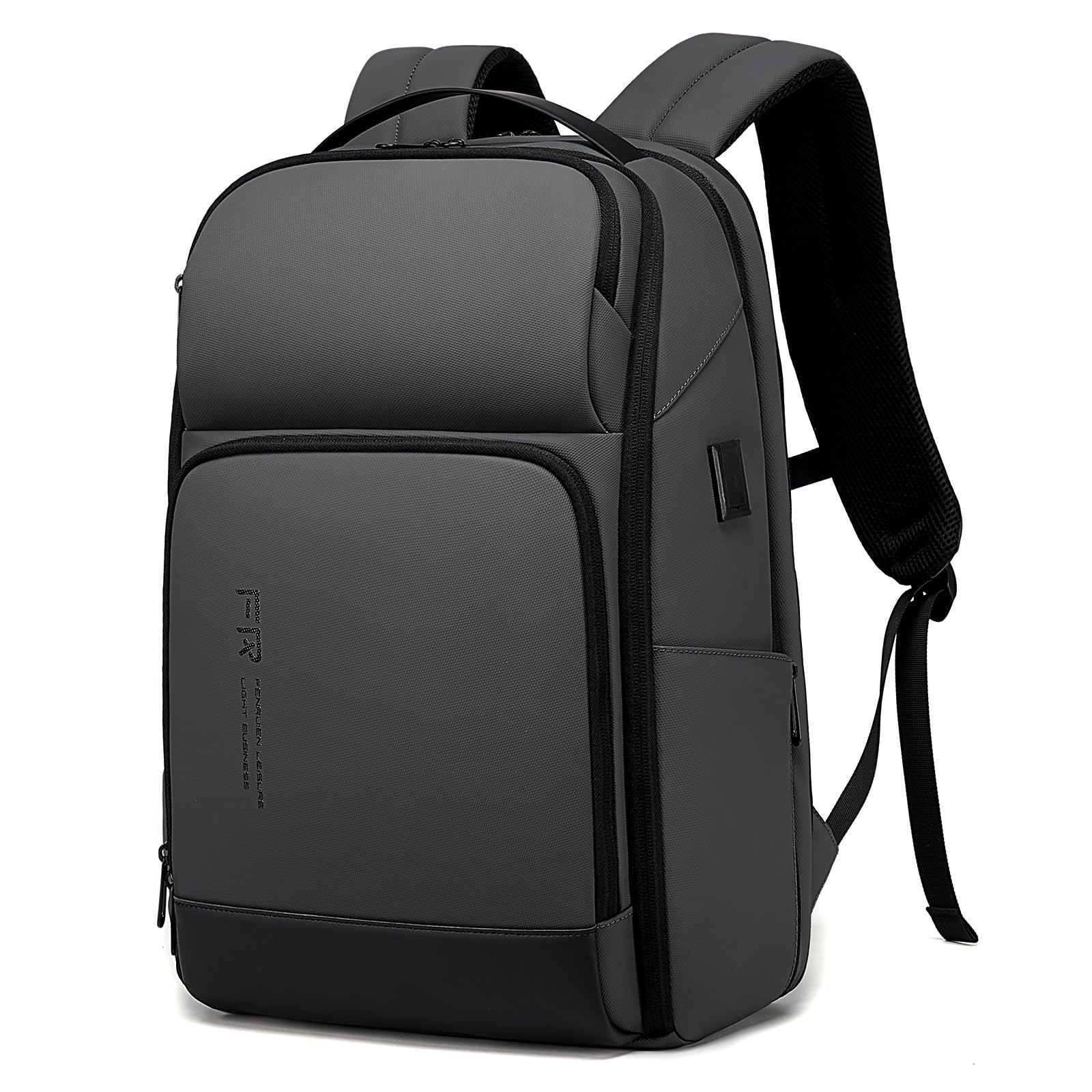 FENRUIEN 17 Inch Expandable Water Resistant Travel Backpack with USB Charging Port - Gray Laptop Backpack for Business, College & Work - Perfect for Commuting, Air Travel & Daily Office Use