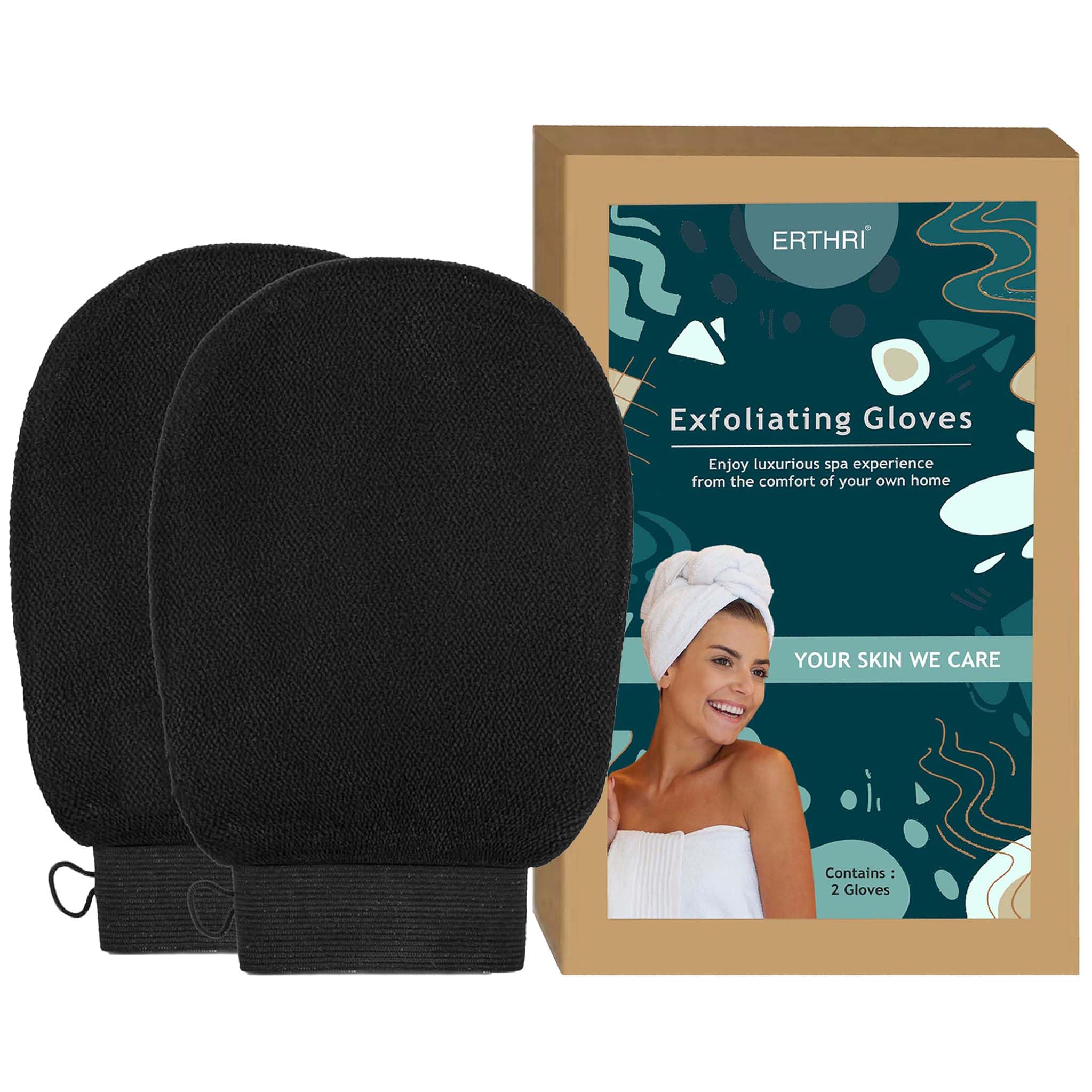 Erthri Exfoliating Gloves for Body & Face - 2 Pack Double-Layer Viscose Fiber Bath Scrub Gloves for Dead Skin Removal & Tanning - Black Exfoliator for Smooth Skin - Perfect for Spa, Shower & At-Home Skincare Routine