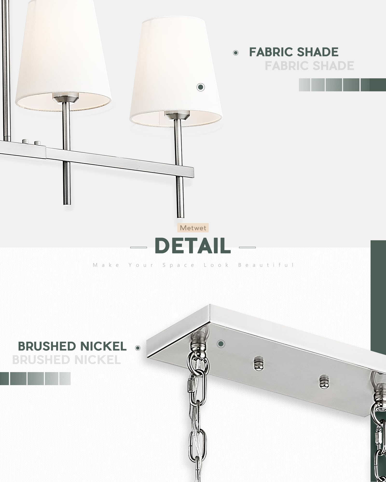 5-Light Brushed Nickel Kitchen Island Pendant Light with White Fabric Shade - 46