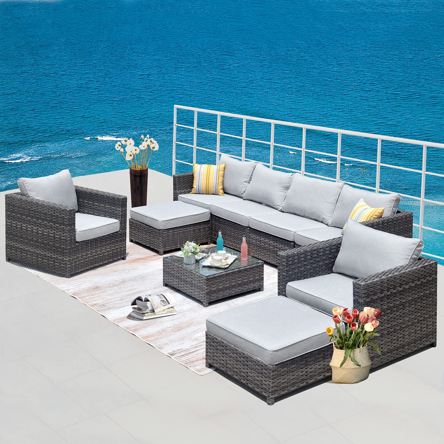 Ovios 9-Piece All-Weather Wicker Patio Furniture Set - Outdoor Rattan Sectional Sofa with Chairs (Grey, Fully Assembled) for Garden, Poolside & Backyard Relaxation