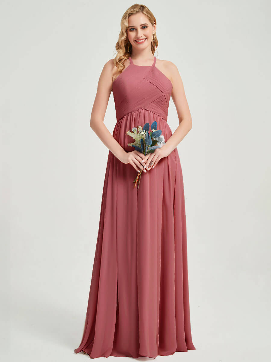 Elegant Desert Rose Halter Pleated Keyhole Back Chiffon Bridesmaid Dress for Wedding Party, Formal Events & Special Occasions