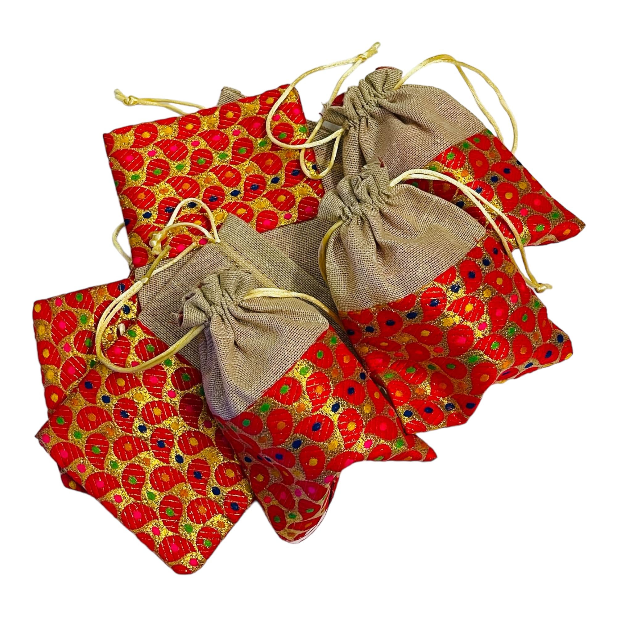 Kriwin 25-Pack Small Brocade & Jute Potli Gift Bags (7 x 4.7 Inches) - Perfect for Wedding Favors, Party Gifts, and Jewelry Packaging