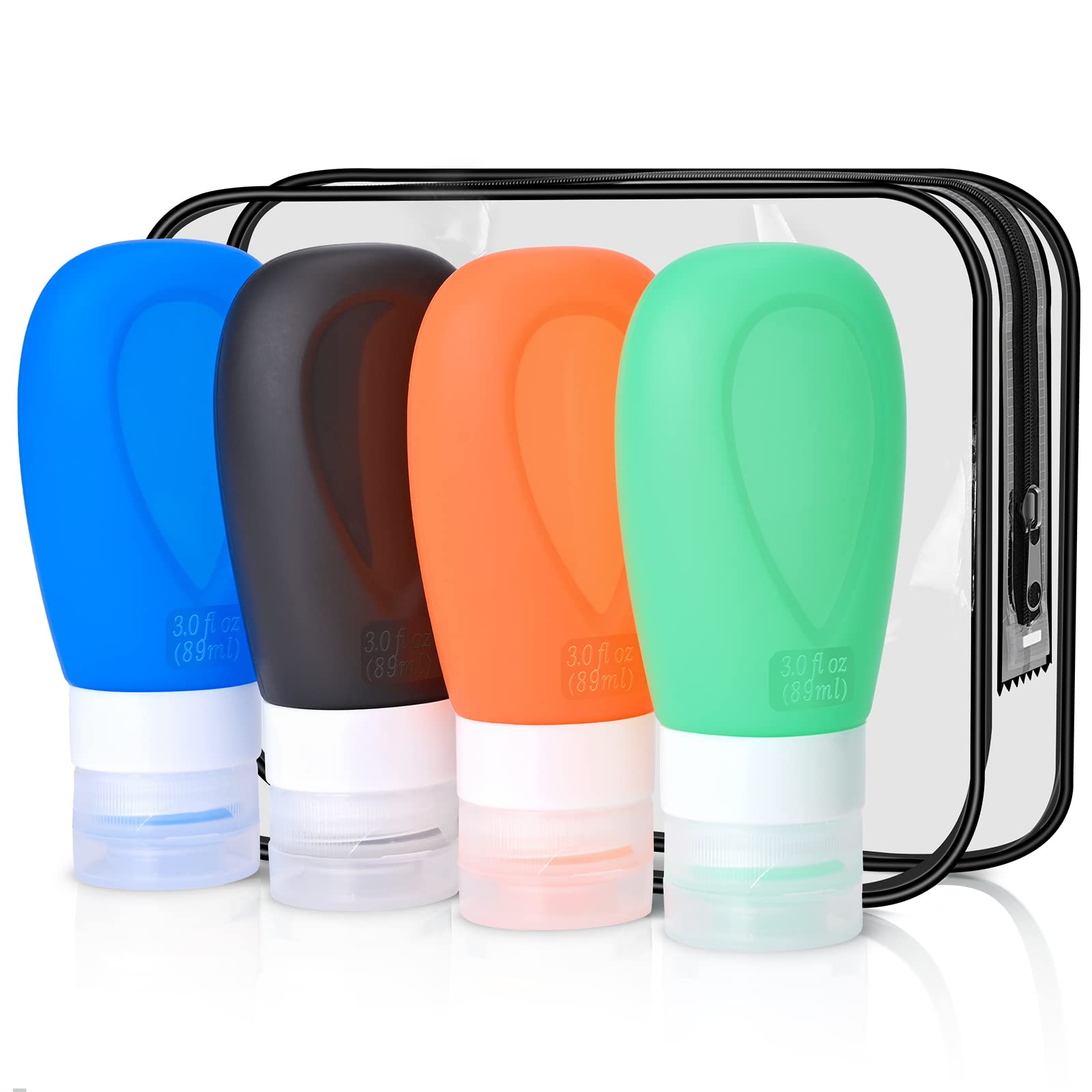Tesmien 4-Piece Silicone Travel Bottle Set - 89ML Leak Proof Refillable Squeeze Bottles for Toiletries, Shampoo & Conditioner | BPA Free | Includes Storage Bag | Perfect for Air Travel, Gym & Vacation Essentials
