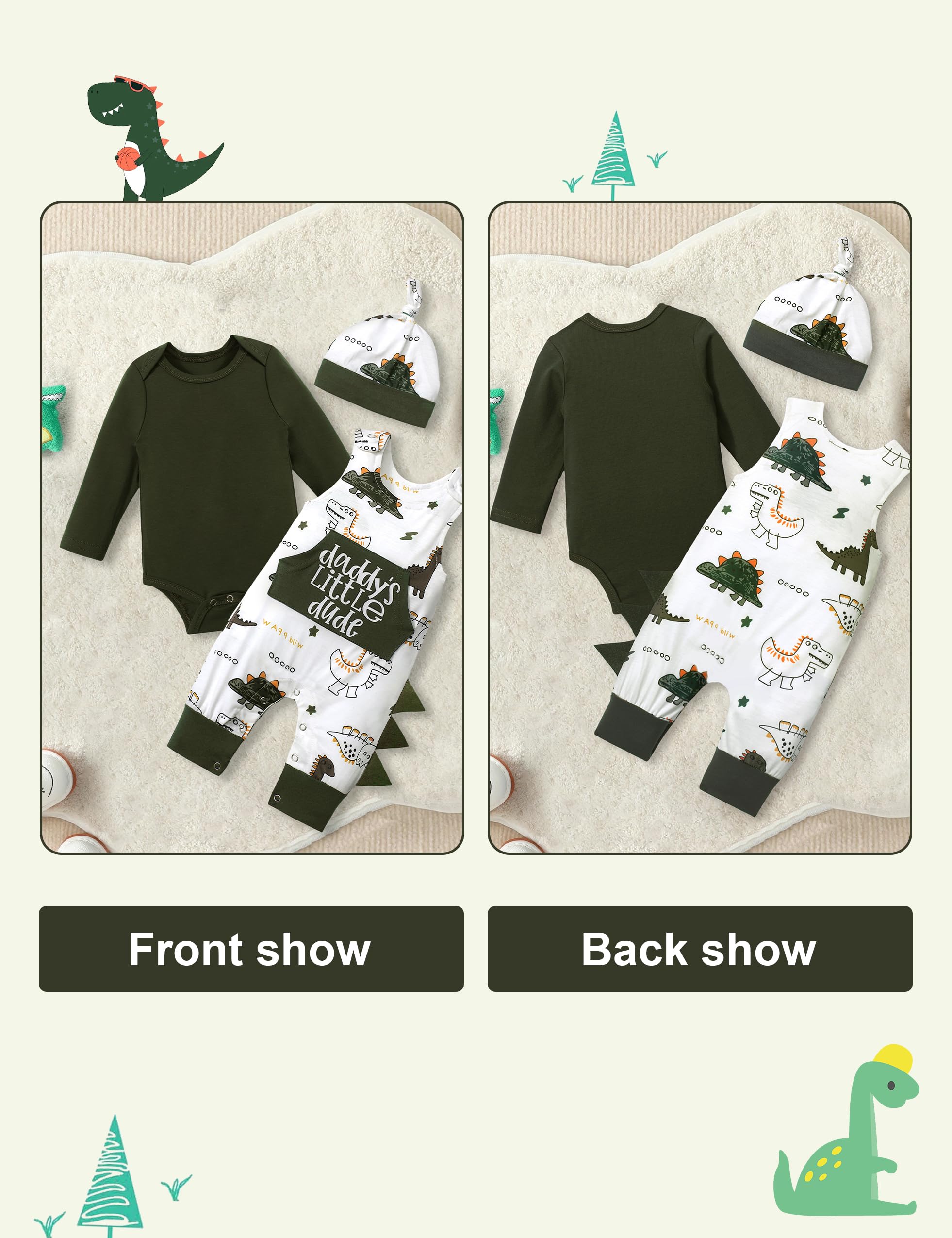 3-Piece Baby Boy Outfits Set - Dinosaur Romper with Long Sleeves & Hat | Cute Newborn Clothes for Boys | Perfect for Playtime, Photo Shoots & Daily Wear