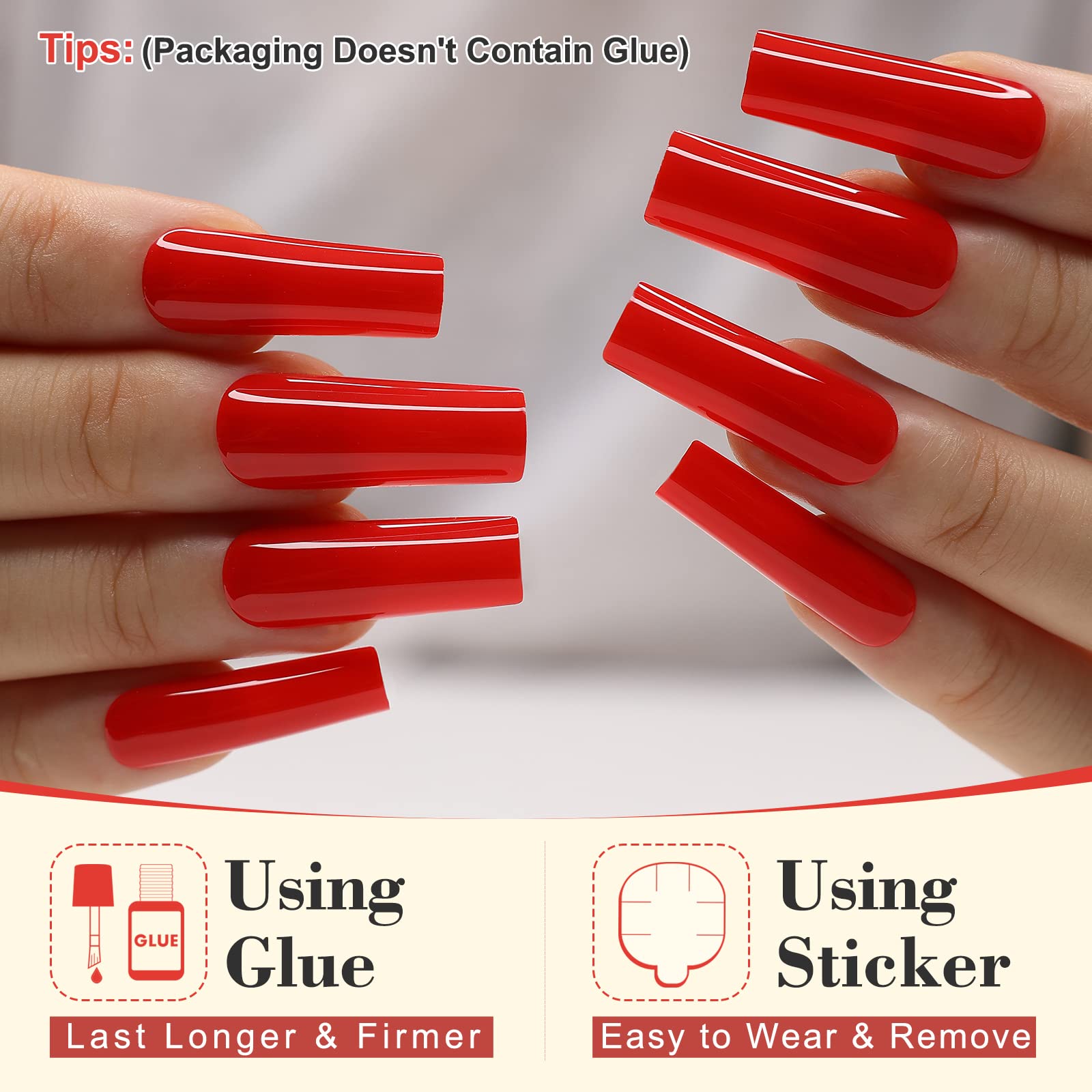 Kikmoya Extra Long Square Press on Nails - Glossy Red Fake Nails, Full Cover False Nail Tips, Acrylic Stick on Nails for Women - Perfect for Parties, Weddings, and Everyday Manicure