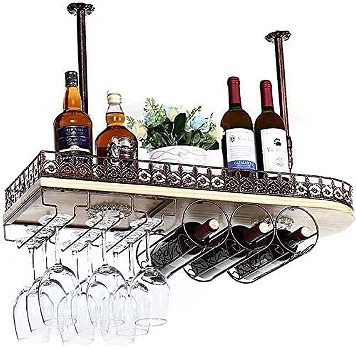 Vintage Iron and Pine Hanging Wine Rack - Wall Mounted Bottle Holder & Glass Shelf for Kitchen, Bar, Restaurant Storage (Brown, 12x28x80cm) - Perfect for Wine Cellar, Home Decor, and Entertaining Spaces