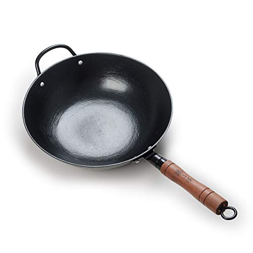 ZhenSanHuan Premium Cast Iron Wok Pan - 14.1 Inch Flat Bottom, No Chemical Coating, Induction Compatible - Perfect for Stir Frying, Searing & Asian Cooking